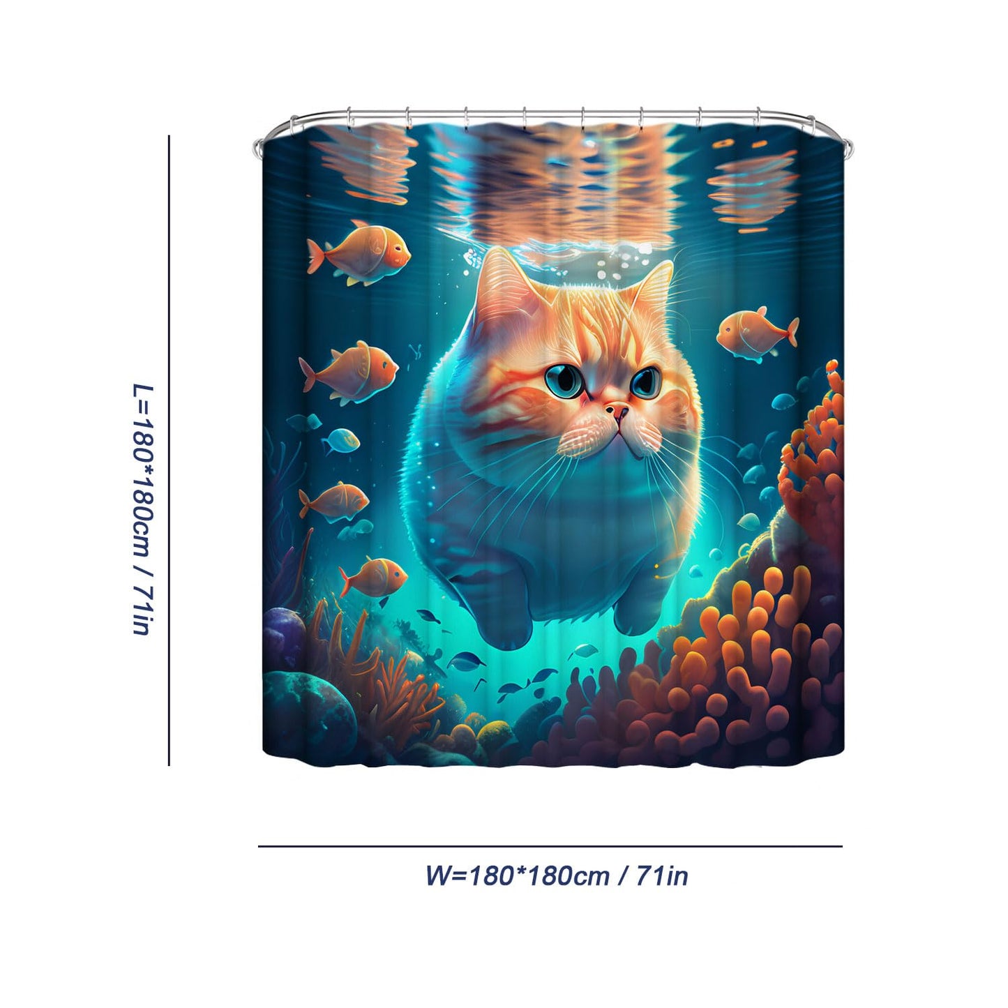 DDS-DUDES Cute Cat Shower Curtain Set for Kids Bathroom, Funny Orange Garfield Swimming and Fish in Sea Fabric Decor Waterproof Curtains with 12pcs Hooks 71 x 71 inch