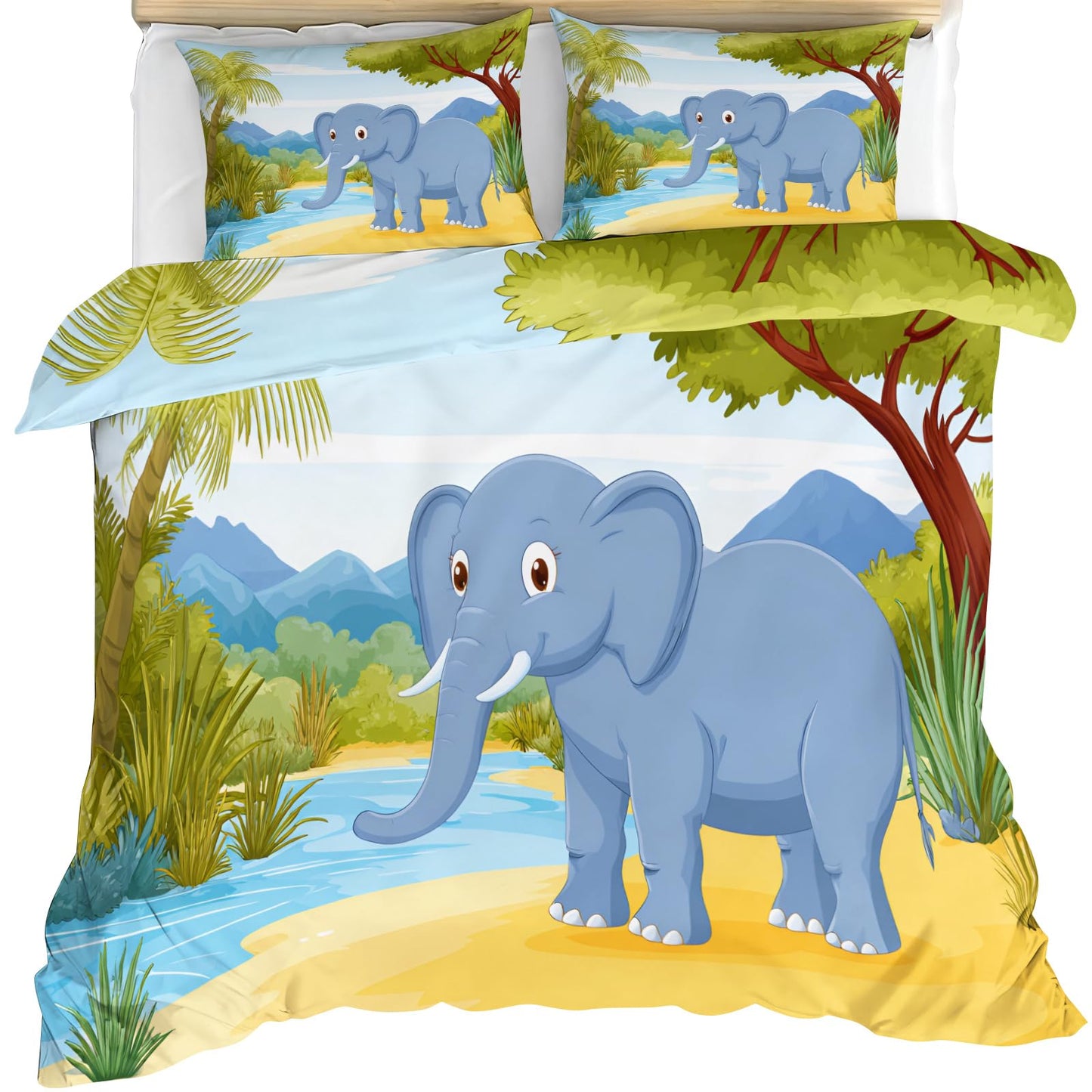 Cartoon Elephant Duvet Cover Set 3 Pieces Soft Microfiber Reversible Bedding for Boys Girls, Tropical Landscape Palm Tree Bedding Set Twin Size Kids Cute Animal Comforter Cover with 2 Pillowcases