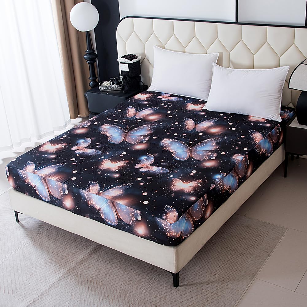 NATURETY Bedding Fitted Sheet with Deep Pocket,3D Pattern Printed Fabric Bed Sheets (Black Butterfly, Queen)
