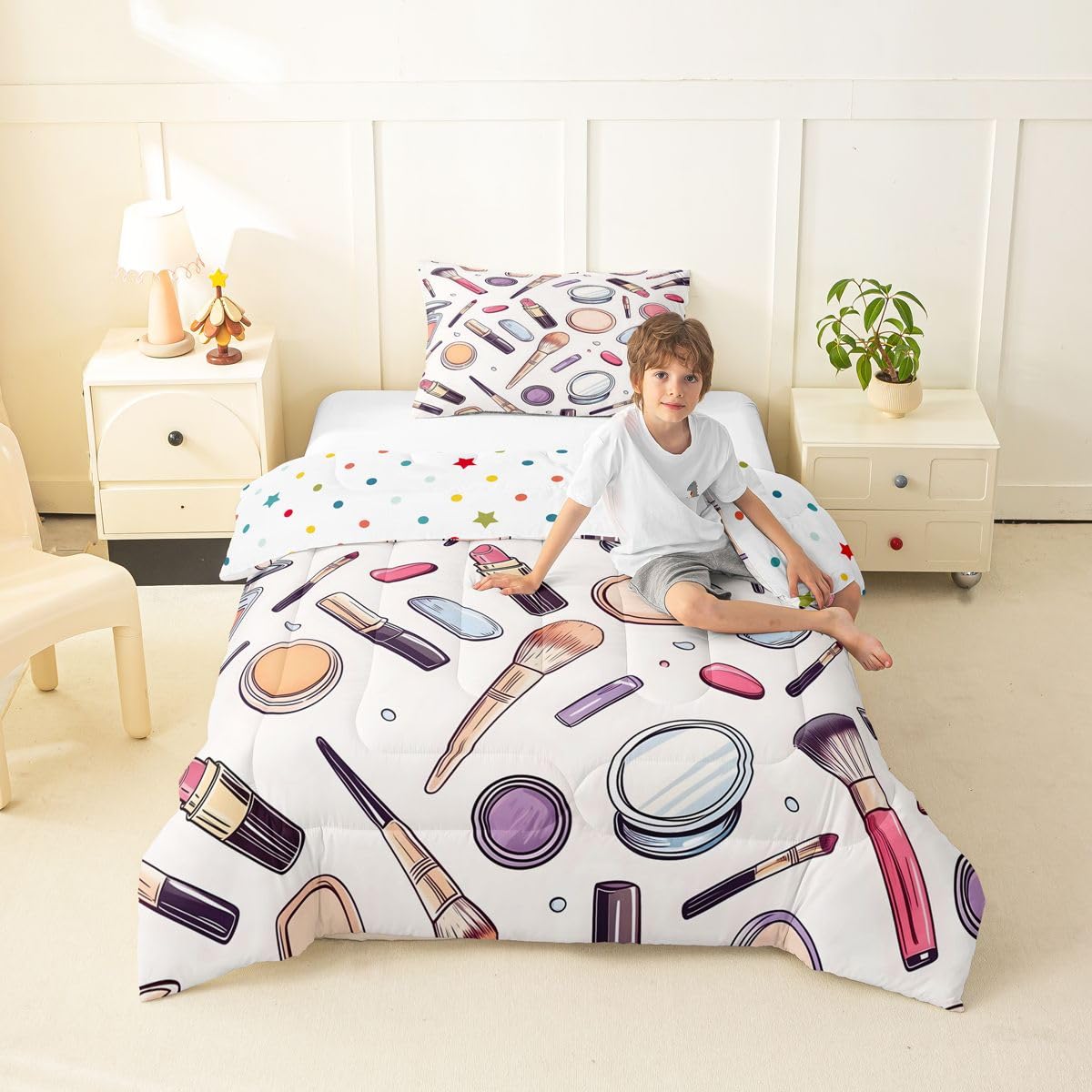 Erosebridal Cosmetics Perfumes Comforter Set Fashion Girl Twin Bedding Sets for Girls Kids Teens Child Makeup Pattern Comforter Nail Polish Decorative Quilt