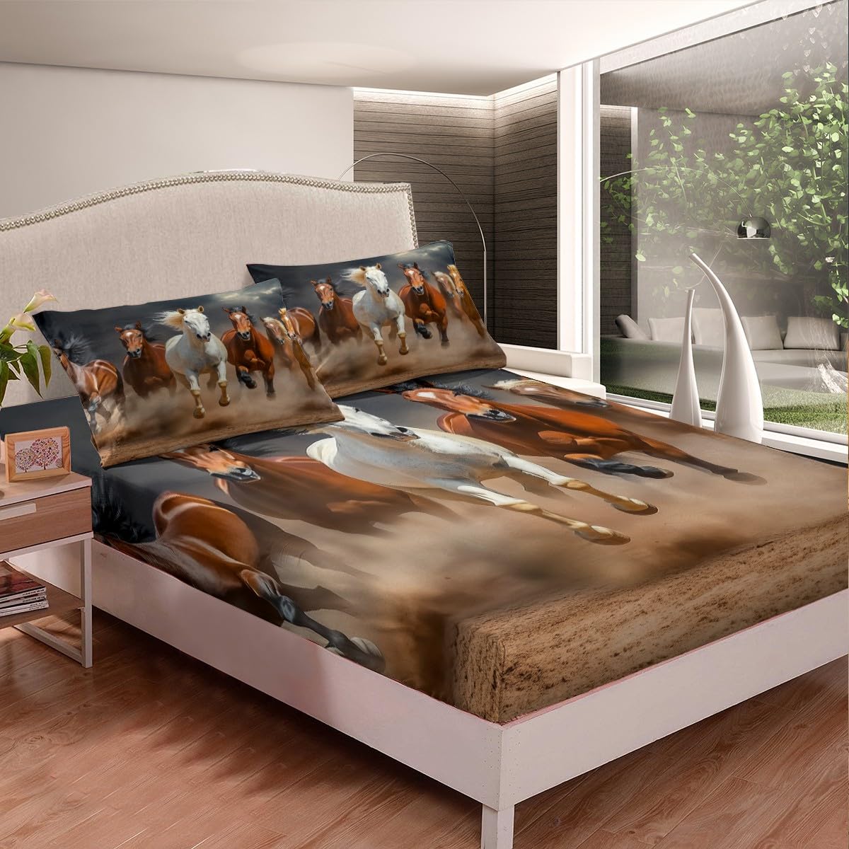 Galloping Horse Bed Sheets for Kids Boys Girls,Farmhouse Western Horse Sheet Set Full,Brown Black Horse Bedding Set Bedroom Decor,Rustic Cowboy Cowgirl Fitted Sheet + Top Sheet + 2 Pillowcases