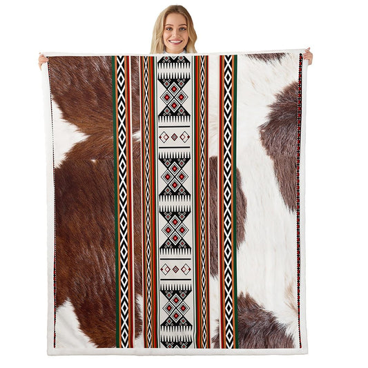 Erosebridal Western Aztec Fleece Blanket Twin Size, Cowhide Cow Print Vintage Animal Retro Fur Soft Sherpa Blanket, Exotic Geometric Fuzzy Plush Throw, Rustic Farmhouse Style Decor for Sofa Couch