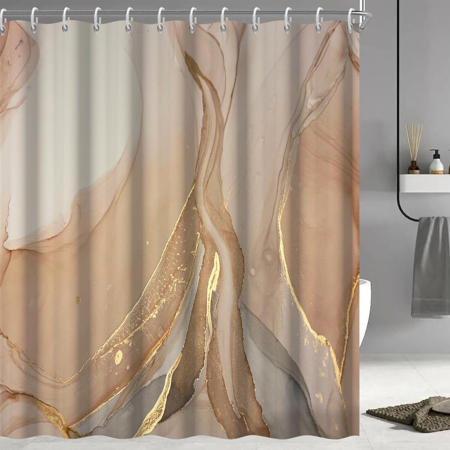 Ruelvth Brown Shower Curtain, Modern Brown Gold Grey Marble Shower Curtain for Bathroom Aesthetic Ink Texture Waterproof Shower Curtain Set with Hooks, 72x72 Inch