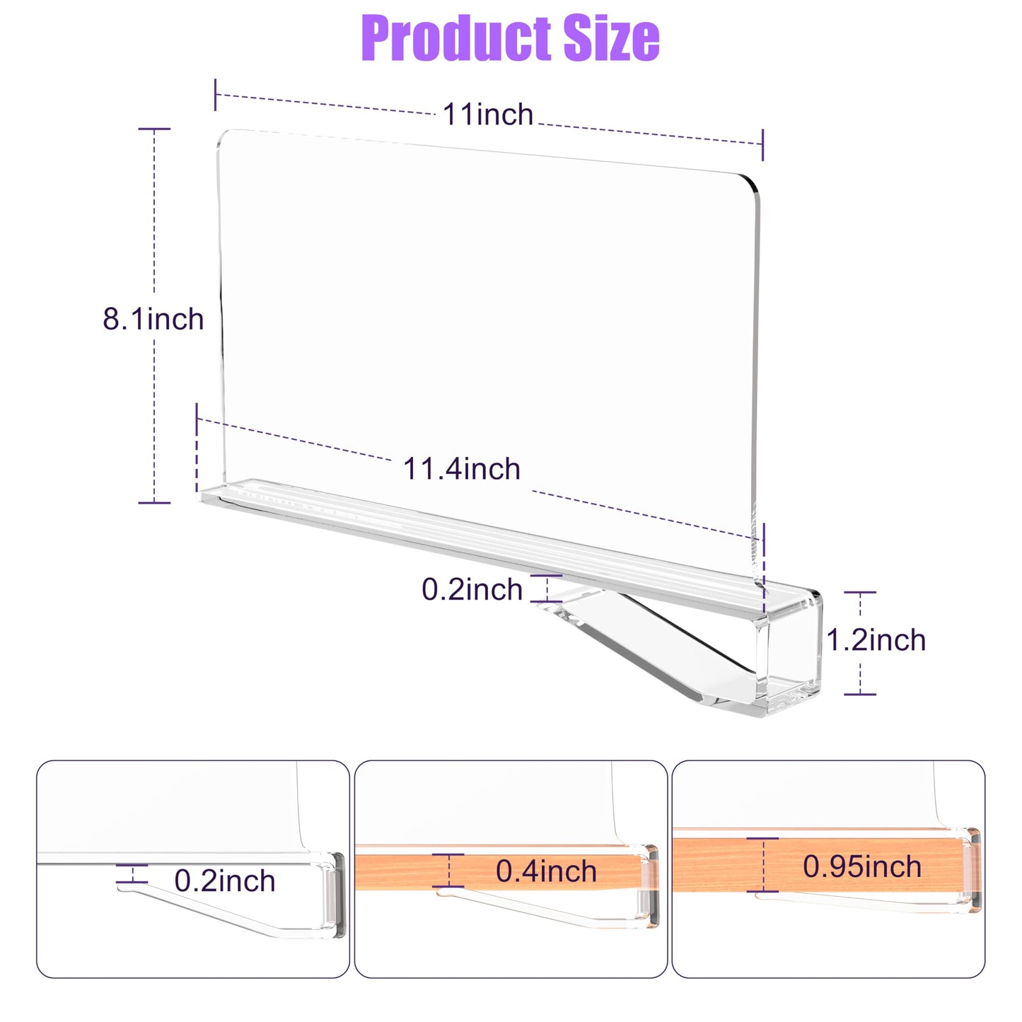 ZEUMIE 12 Pcs Acrylic Shelf Dividers for Closet Organization, Clear Closet Dividers for Wood Shelves, Closet Separators for Clothes Sweaters Shirts Handbags in Bedroom, with 10 Pcs Size Dividers