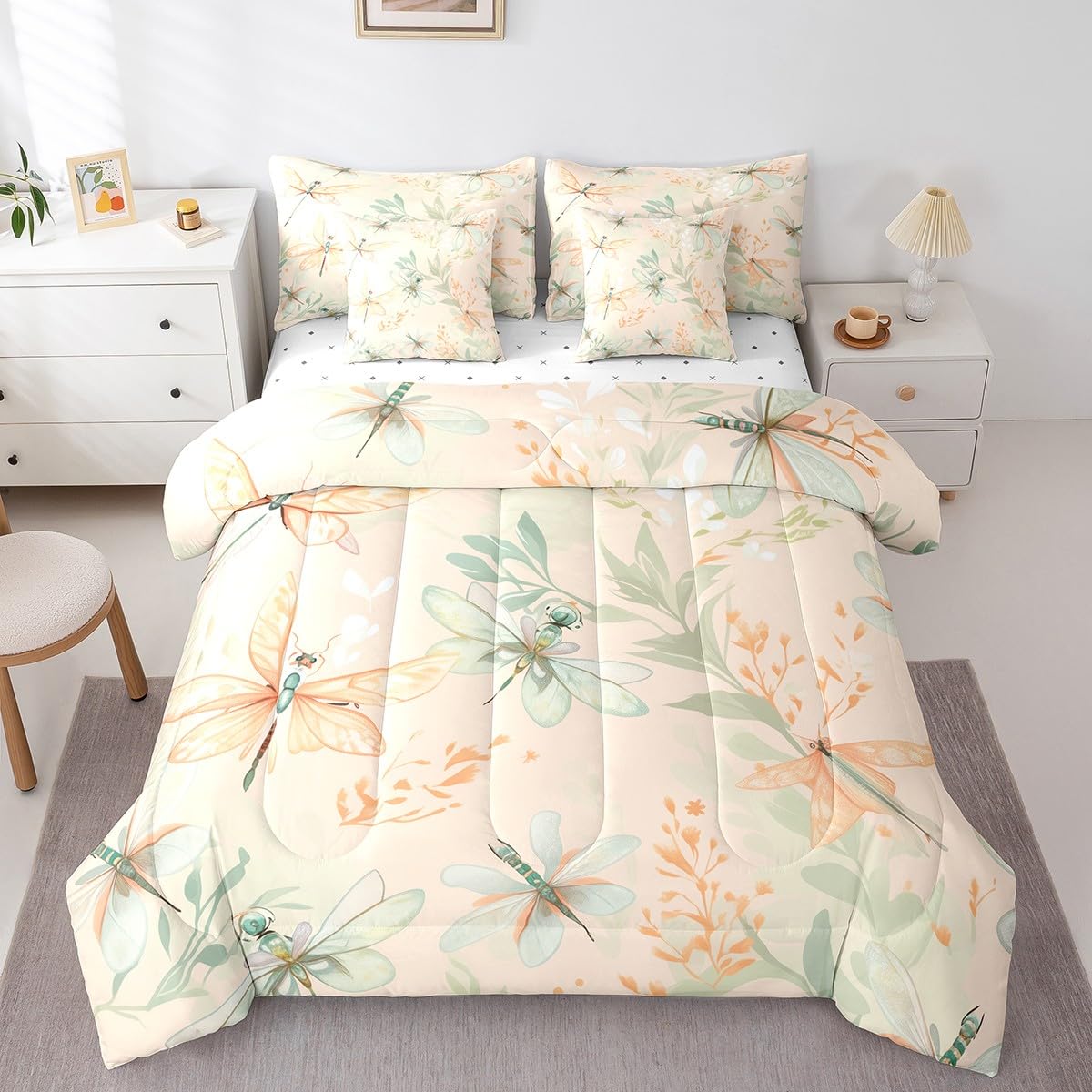 Erosebridal Dragonfly Full Bedding Sets 7-Piece Chic Animal Comforter Set Green Plants Comforter Set with Sheets Spring Theme Bed in A Bag,Beige Bed Sheets Set Butterfly Kids Girls Room Decor