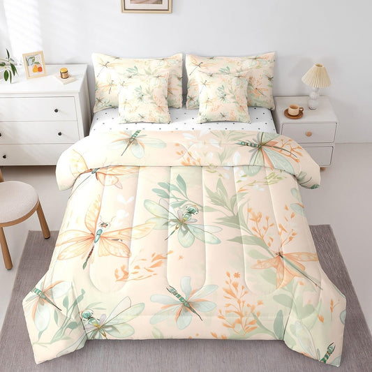 Erosebridal Dragonfly Full Bedding Sets 7-Piece Chic Animal Comforter Set Green Plants Comforter Set with Sheets Spring Theme Bed in A Bag,Beige Bed Sheets Set Butterfly Kids Girls Room Decor