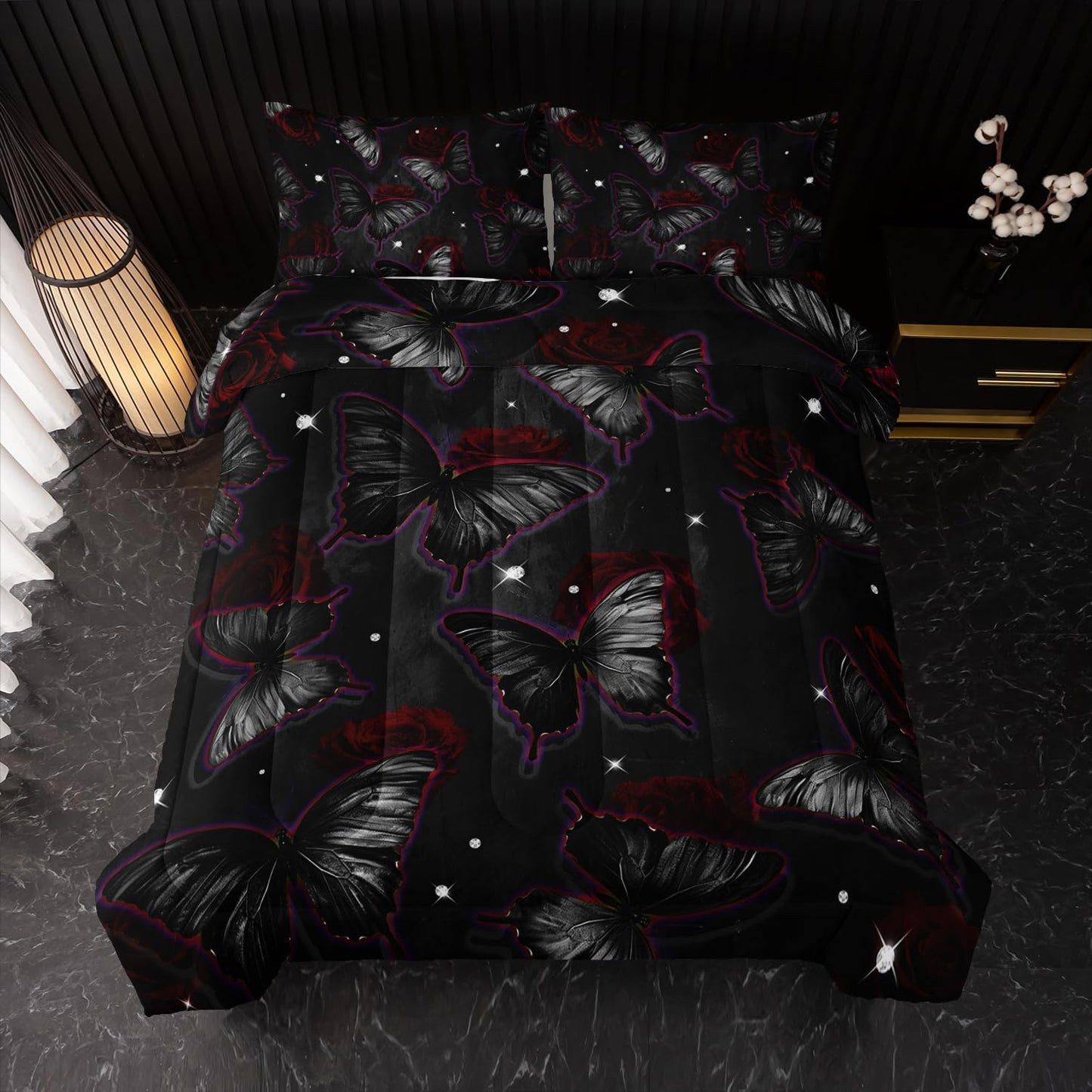 Black Butterfly Comforter Sets Twin Size, Black Butterfly Flowers 3D Animal Pattern Kids Bedding Sets for Girls Teens 3 Piece Bedroom Decor Comforter with 2 Pillowcases