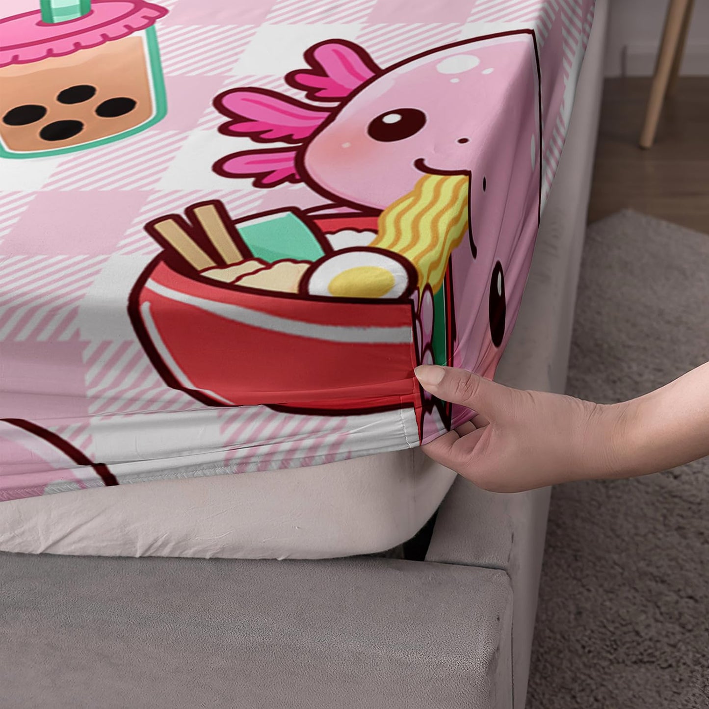 HOSIMA Axolotl Fitted Sheet Set Full Size for Kids Girls,Pink Cartoon Axolotl Eat Dessert Printing Bedding Set Full Size for Princess Bedroom Decor,1 Fitted Sheet+2 Pillowcases.