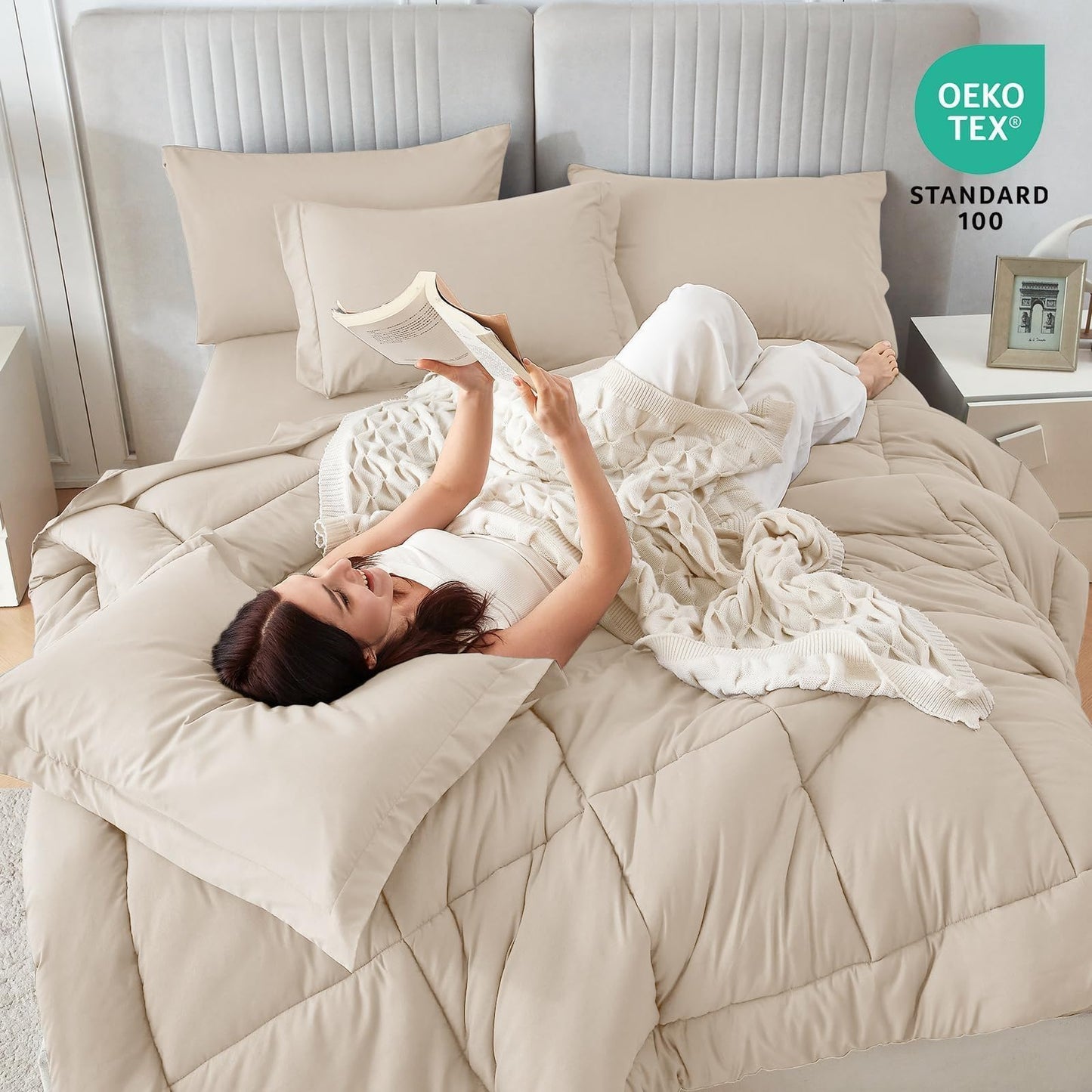 Sasttie Queen Comforter Set, Beige 7 Pieces Bed in a Bag Queen, Complete Bedding Set Includes Comforter, Flat Sheet, Fitted Sheet, Pillowcases and Pillow Shams, Beige