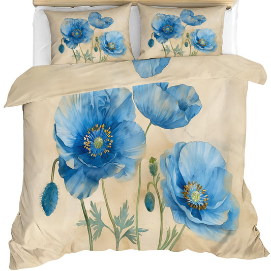 QINYUN Blue Poppy Comforter Set Oversized King, Floral Bedding Set 3 Piece, Watercolor Blue Flowers Duvet Cover with Zipper & Ties, 2 Pillowcases