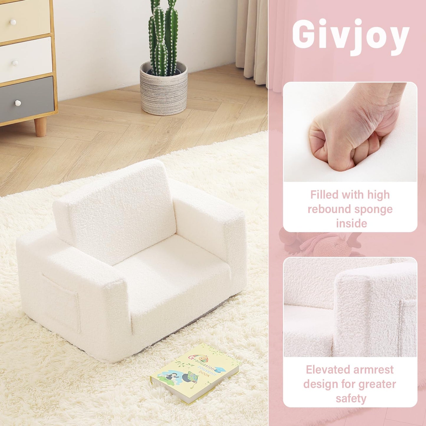 Givjoy Toddler Chair Sherpa Kids Couch, 2-in-1 Soft Kids Armchair Lounger for Bedroom, Convertible Sofa for Girls and Boys, Child Reading Chair for Playroom, Living Room, Pet, Beige