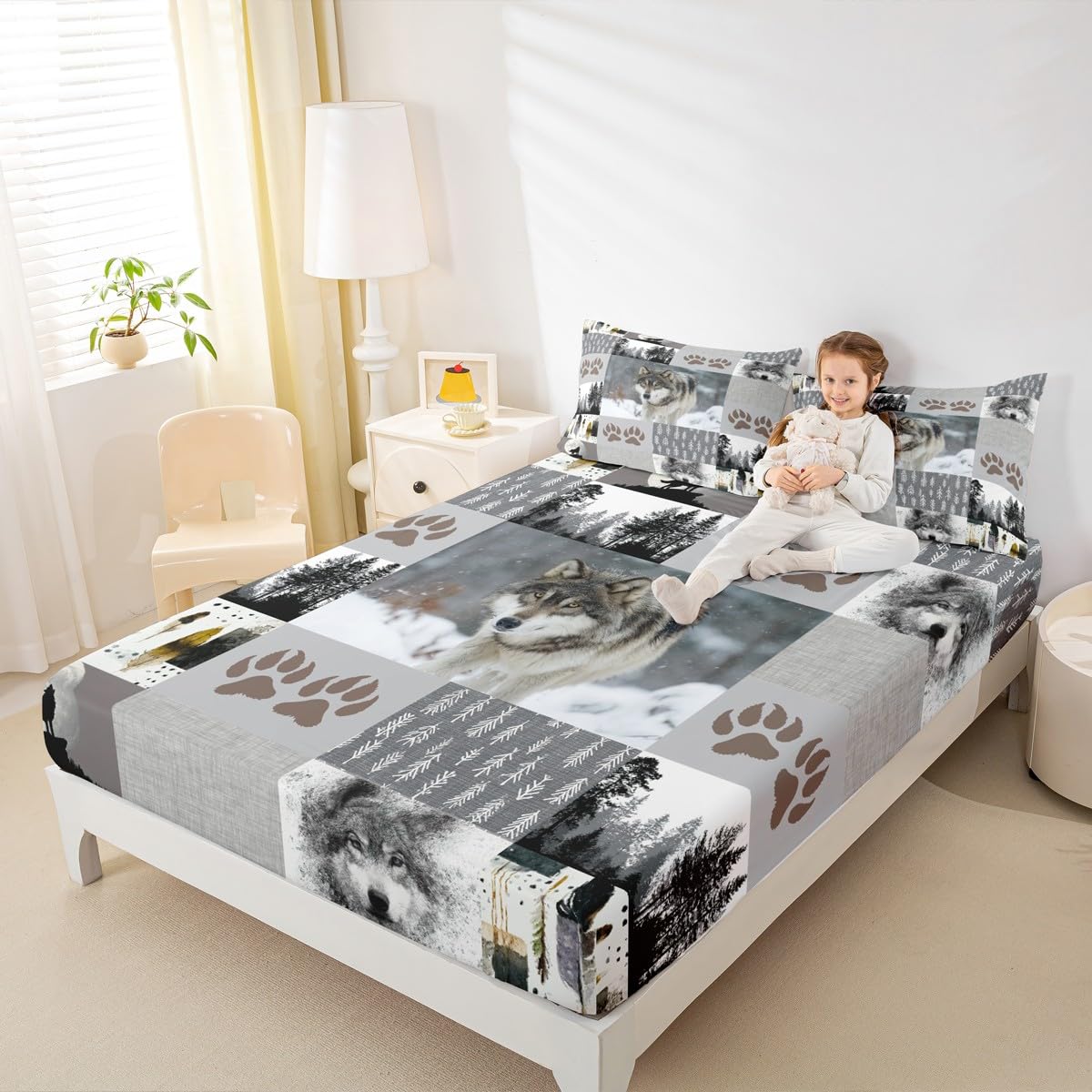 Manfei Wolf Kids Fitted Sheet Queen Size,Wolf Paws Print Pine Trees Wild Adventure Bedding Set,Boys Girls Adults Room Decor,Geometric Plaids Patchwork Bed Cover,Rustic Bed Sheet,2 Pillowcases