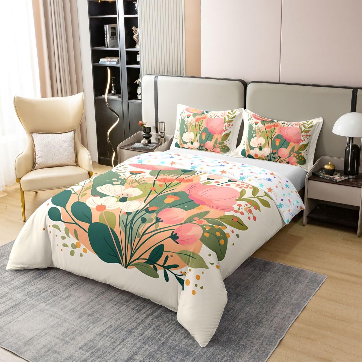 Erosebridal Florals Bedding Set Full Spring Leaf Floral 100% Cotton Duvet Cover Summer Botanical Garden Comforter Cover for Kids Girls Boys Adults Beige Pink Flower Bedclothes 3 Pcs