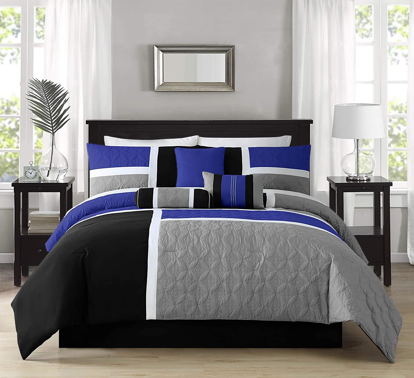 Chezmoi Collection Upland 7-Piece Quilted Patchwork Comforter Set, Blue/Black/Gray, King