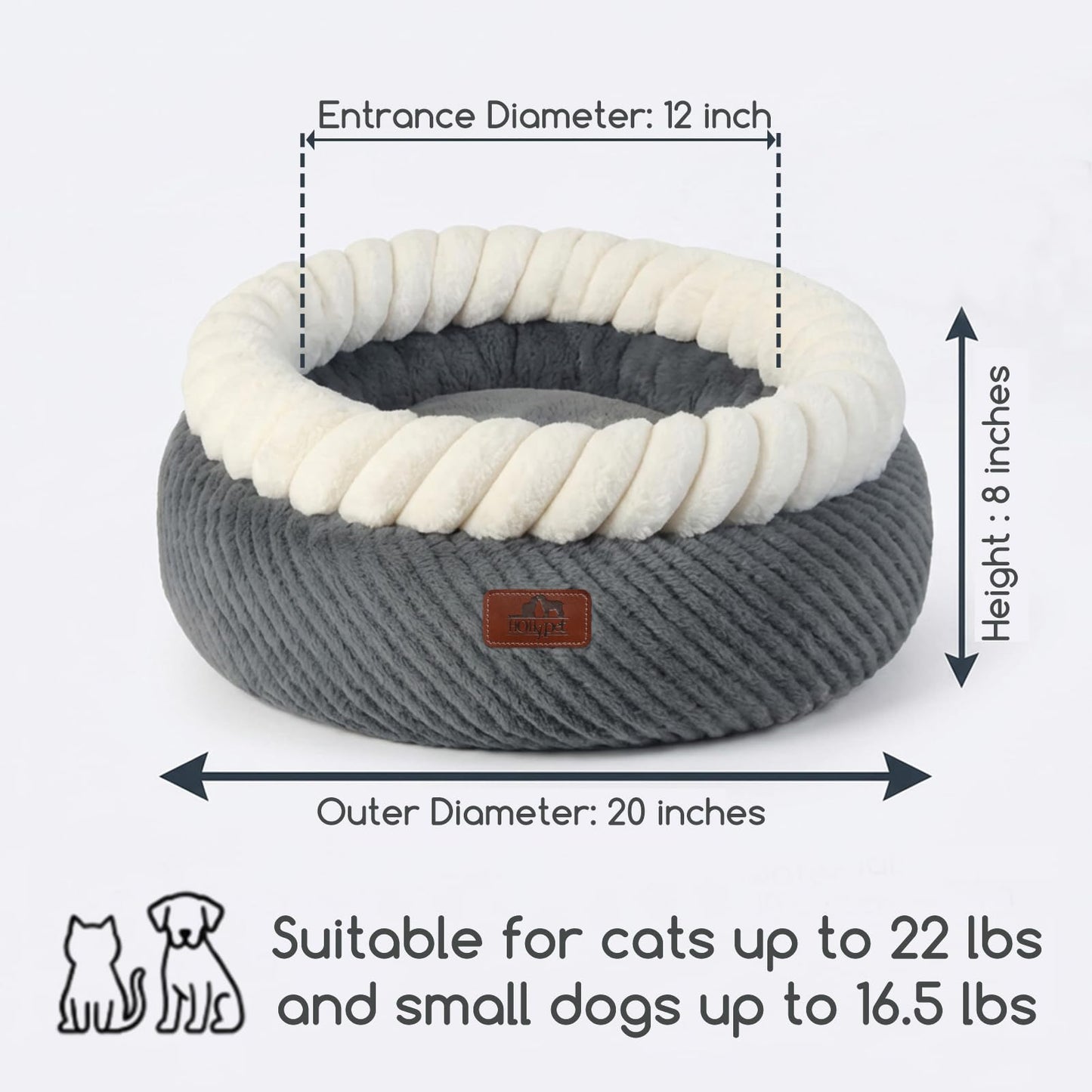 Hollypet Cat Bed for Indoor Cats Kitty Beds, Round Washable Fluffy Small Dog Bed, Soft Cozy Plush Pet Beds for Puppy and Kitten with Non-Slip Bottom (20" D * 8" Th, Gray)