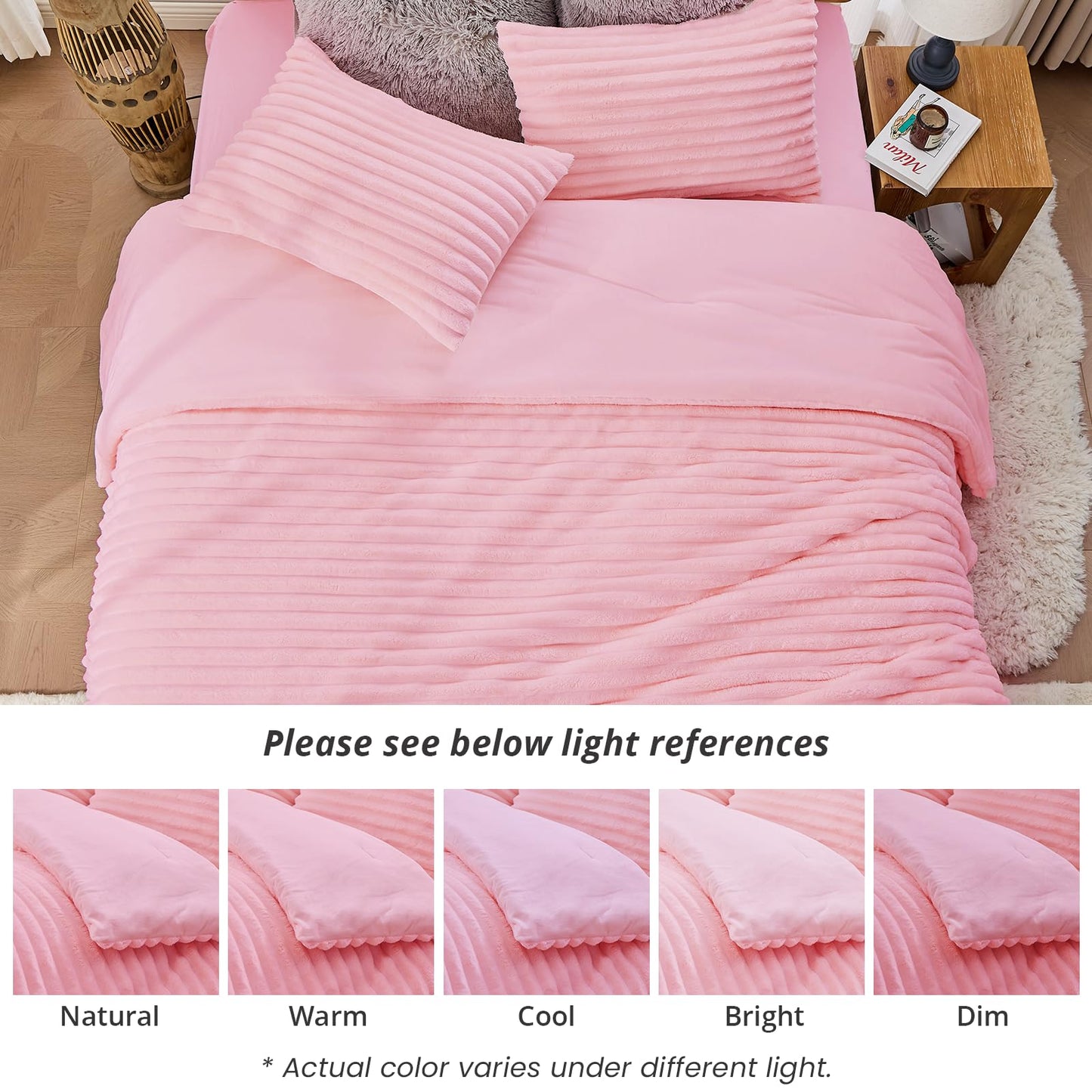 Sasttie King Comforter Set 3 Pieces - Super Soft Fleece Comforters King Size, 1 Luxury Warm Fuzzy Marshmallow Comforter with 2 Pillow Cases, Faux Fur Down Alternative Bedding Set, Pink