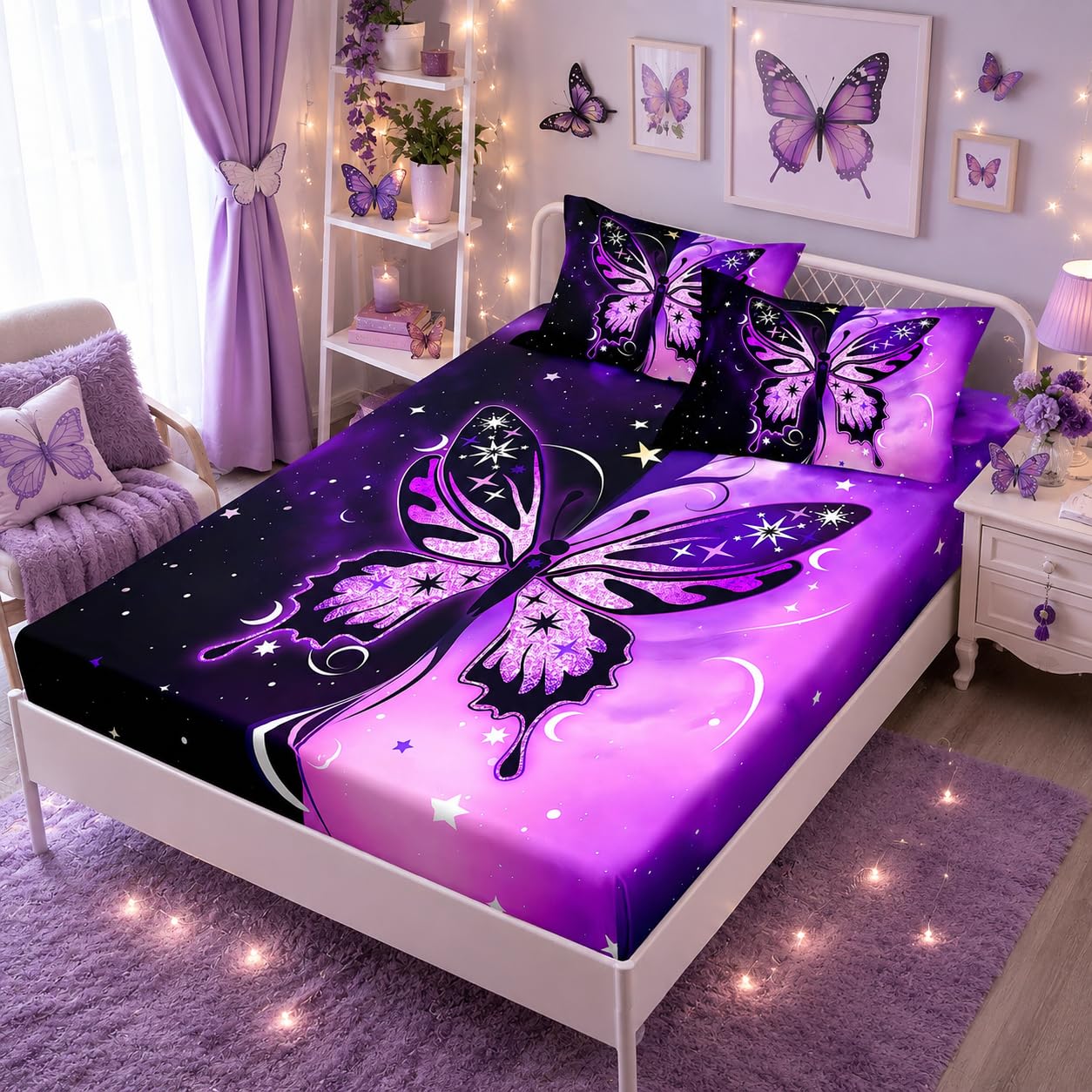 HOSIMA Butterfly Twin Bedding Sets for Girls Room Decor,Symmetrical Aesthetics Butterfly Fitted Sheet,Black Purple Background Print Animal Bedding with Stars Pattern,1 Fitted Sheet+2 Pillowcases.