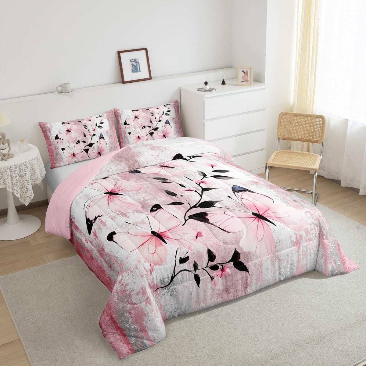 Erosebridal Abstract Oil Painting Queen Comforter Set Rustic Farmhouse Bedding Set Watercolor Butterfly Bed Set Ombre Pink Butterflies Quilt Set for Women Girls Adults