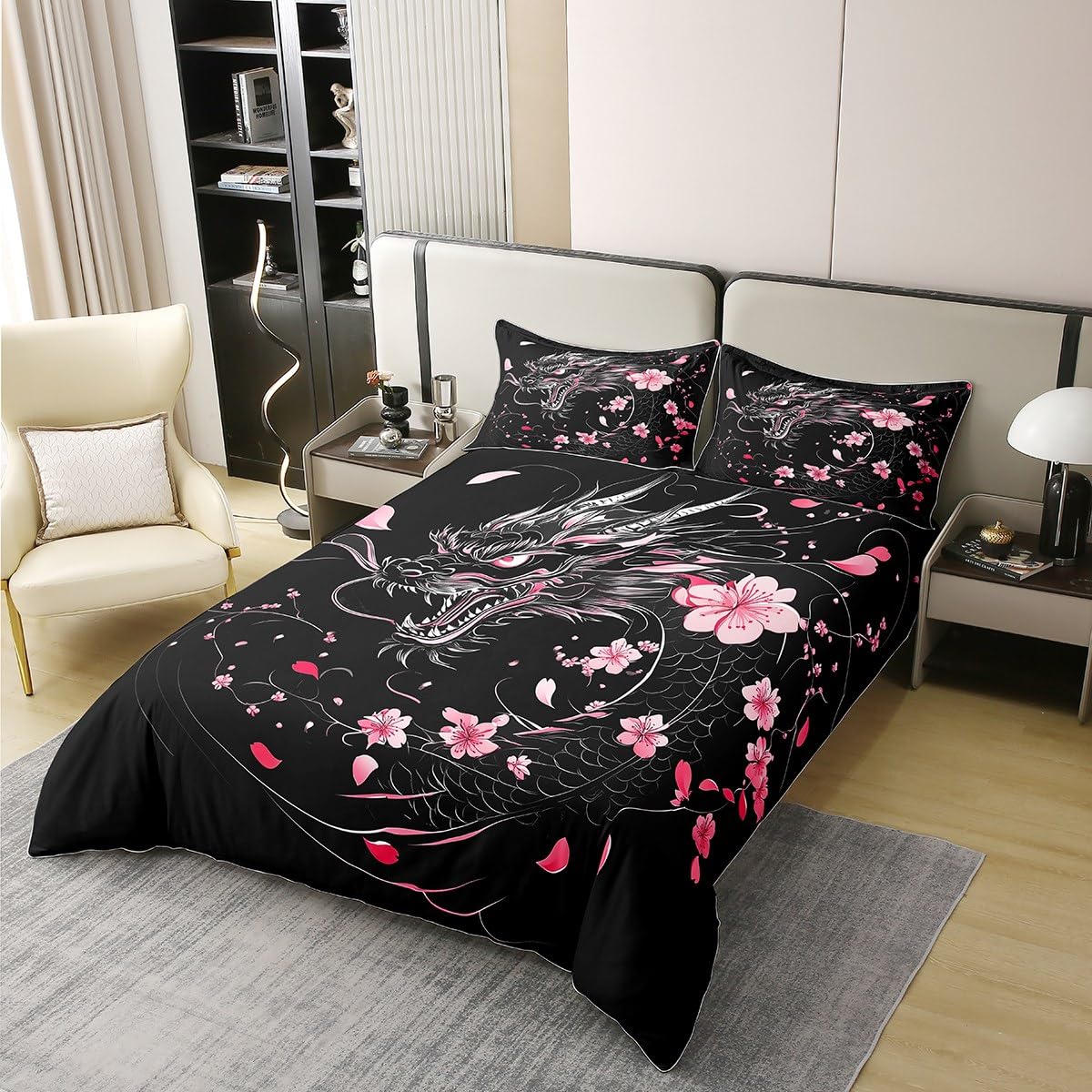 Erosebridal Sakura Dragon Comforter Cover Twin Size 100% Cotton for Girls,Exotic Dragon Duvet Cover for Kids Boys Teen,Magical Animal Black Bedding Set Pink Cherry Blossom Japanese Style Bed Set
