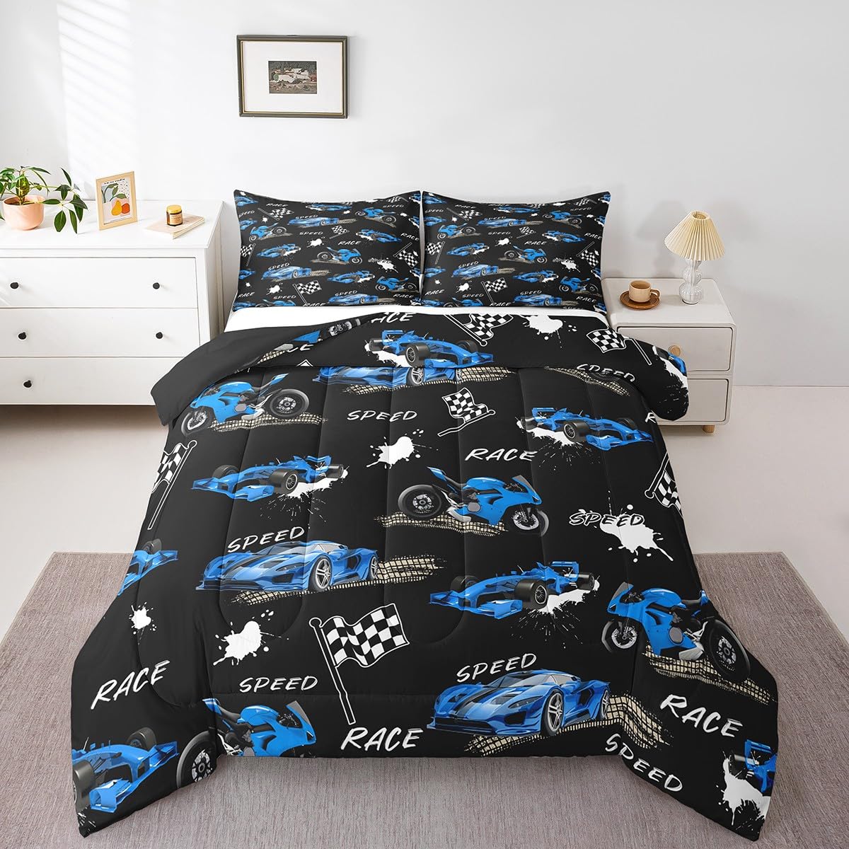 Feelyou Kids Blue Black Race Car Comforter Set Twin Size, Speed Sports Car Bedding Set Boys Girls Dirt Bike Motocross Comforter Racing Car Teens Duvet Set Bedroom Decor 2Pcs