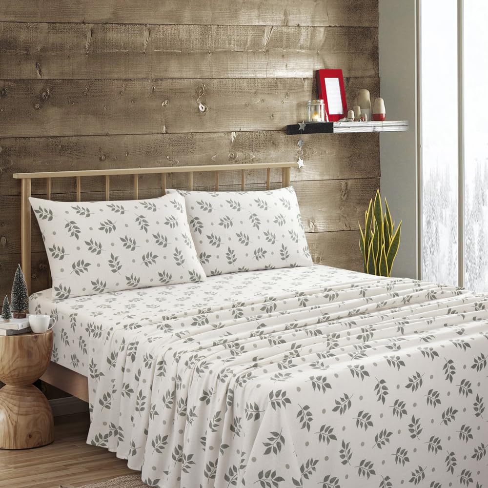 Flannel Sheets Queen Size Rich Cotton -High GSM Flannel Bed Sheet Deep Pockets - Warm & Cozy Flannel Sheet Set for All Seasons (Washy Leaf)