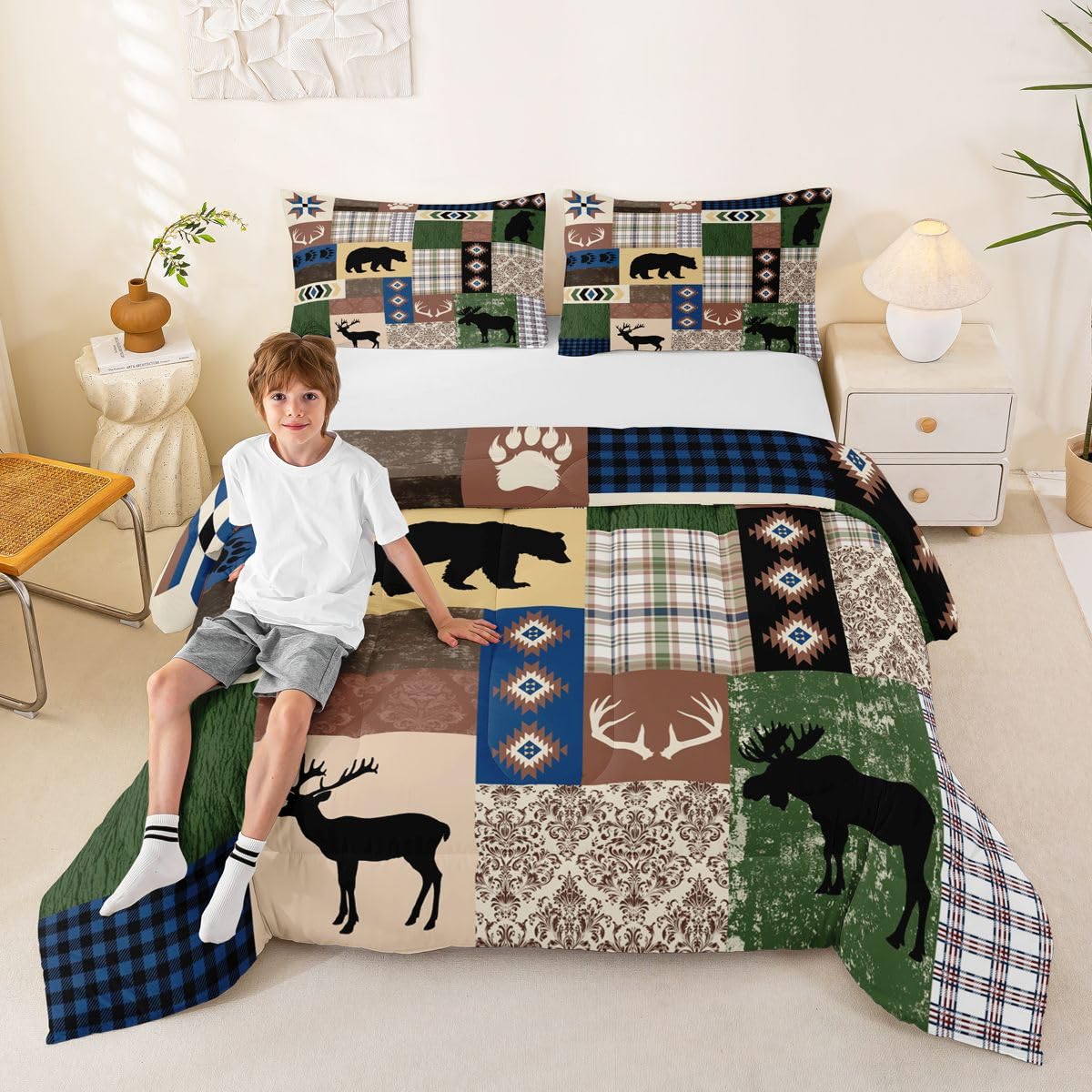 Erosebridal Rustic Kids Comforter Set | Farmhouse Bear Bedding King,Wild Hunting Theme Down Comforter Western Country Duvet Set for Bedroom
