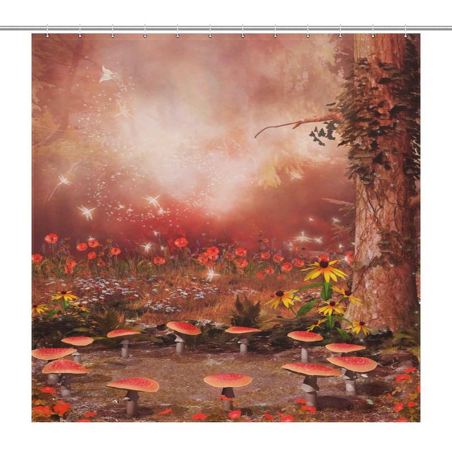 TYVGICZ Fantasy Forest Bath Curtain Fairy Magical Jungle Mushroom Floral Tree Butterfly Lantern Wonderland Nature Plant Shower Curtain for Bathroom Laundry Room Home Bedroom Decor,66x72 Inch