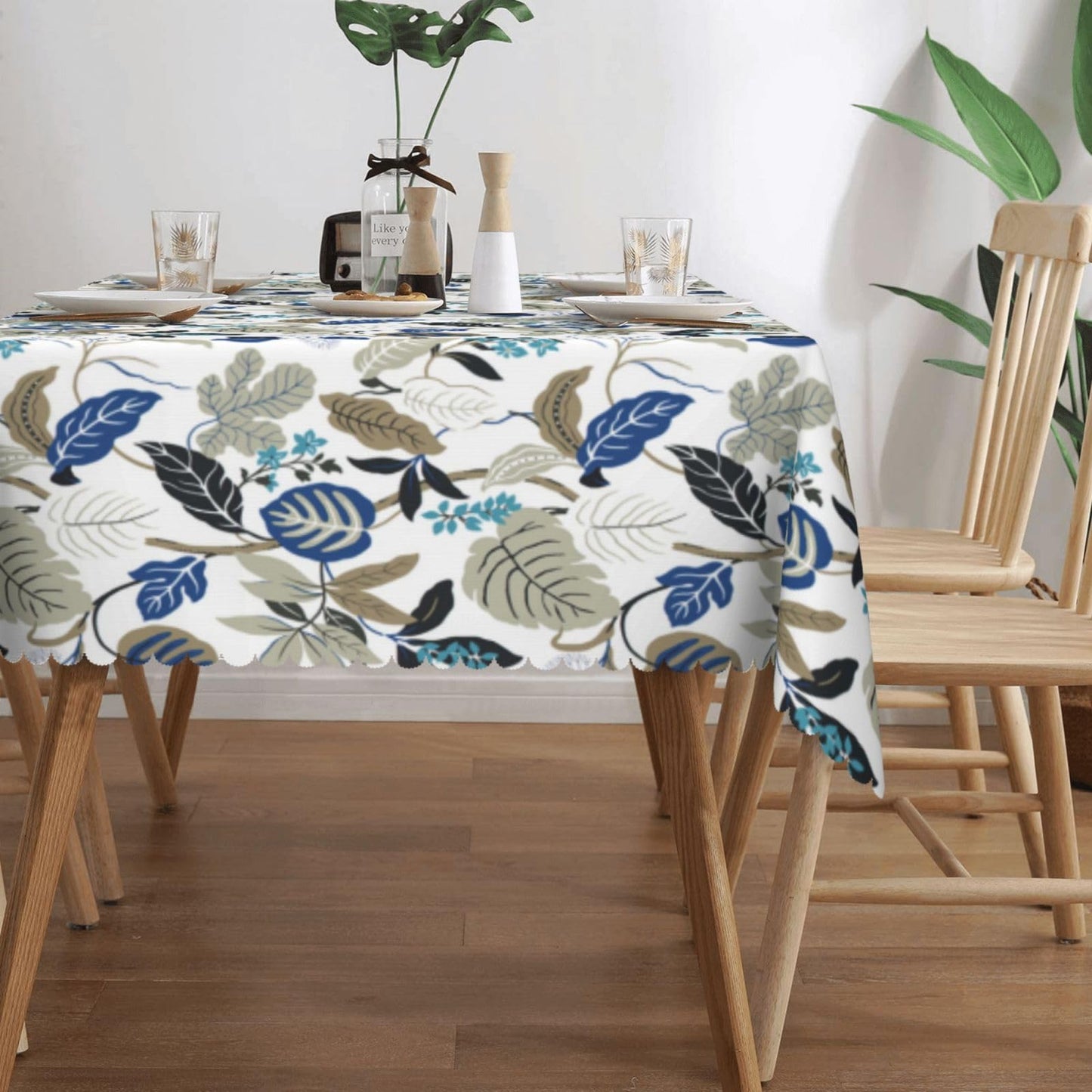 LORCARVIS Breeze Leaves Tablecloth Blue Flowers Polyester Rectangle Table Cloth Washable Seasonal Tabletop for Kitchen Dinning Party Outdoor Picnic 54 x 72 Inch Tablecloths