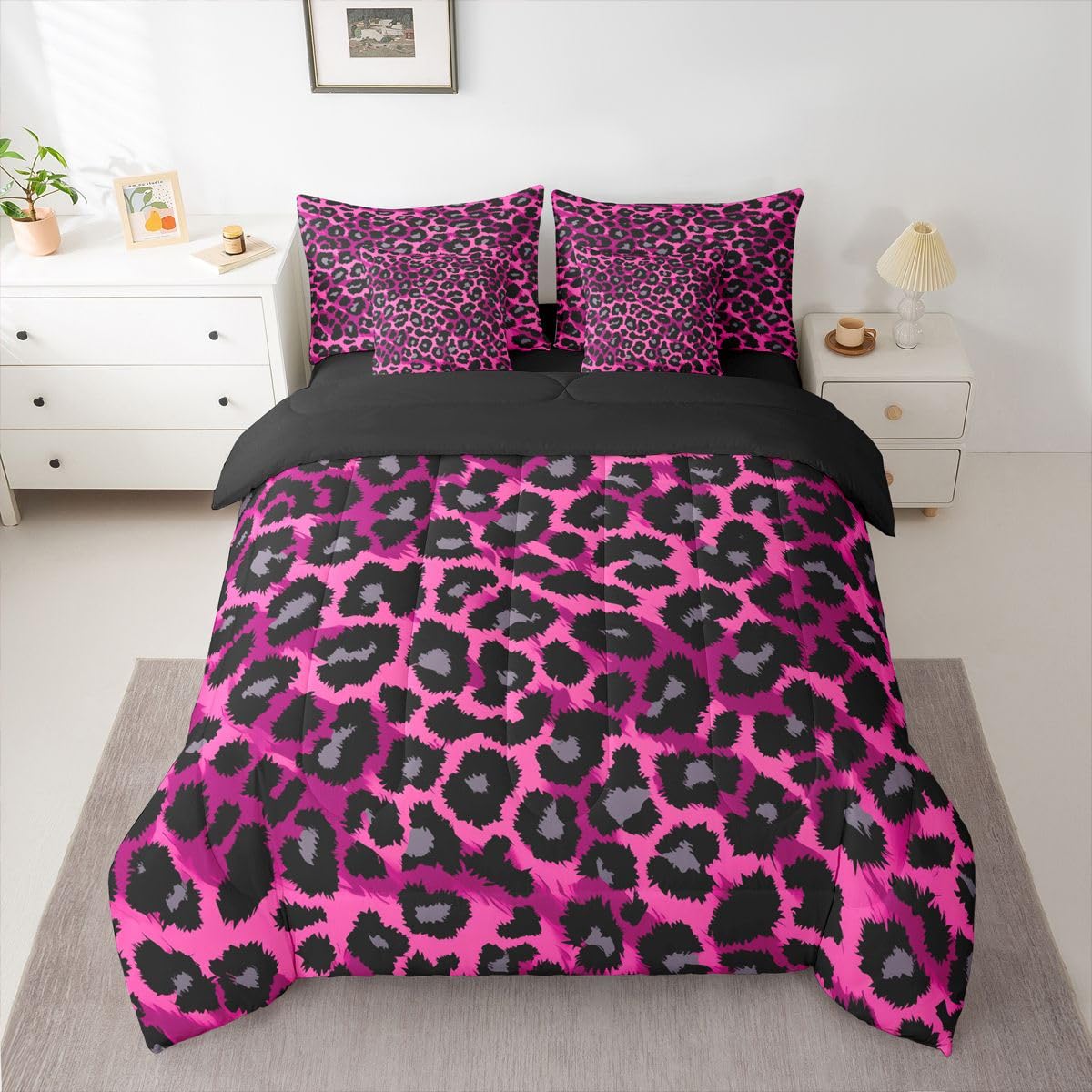 Erosebridal 7 Pcs Comforter Set King Size, Leopard Print Wild Animal Bedding Set for Kids and Adults, African Cheetah Wildlife Bed Sheet Sets with Fitted Sheet Pillowcases & Shams, Hot Pink Black
