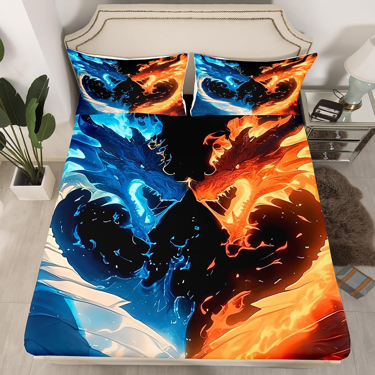 Erosebridal Dragon Bed Sheets Set Full Size for Boys, Wildlife Animals Flat Fitted Sheet Western Magical Wildlife Bedding Set for Kids Bedroom Decor, Blue Gold Bedding Sets with 2 Pillow Cases