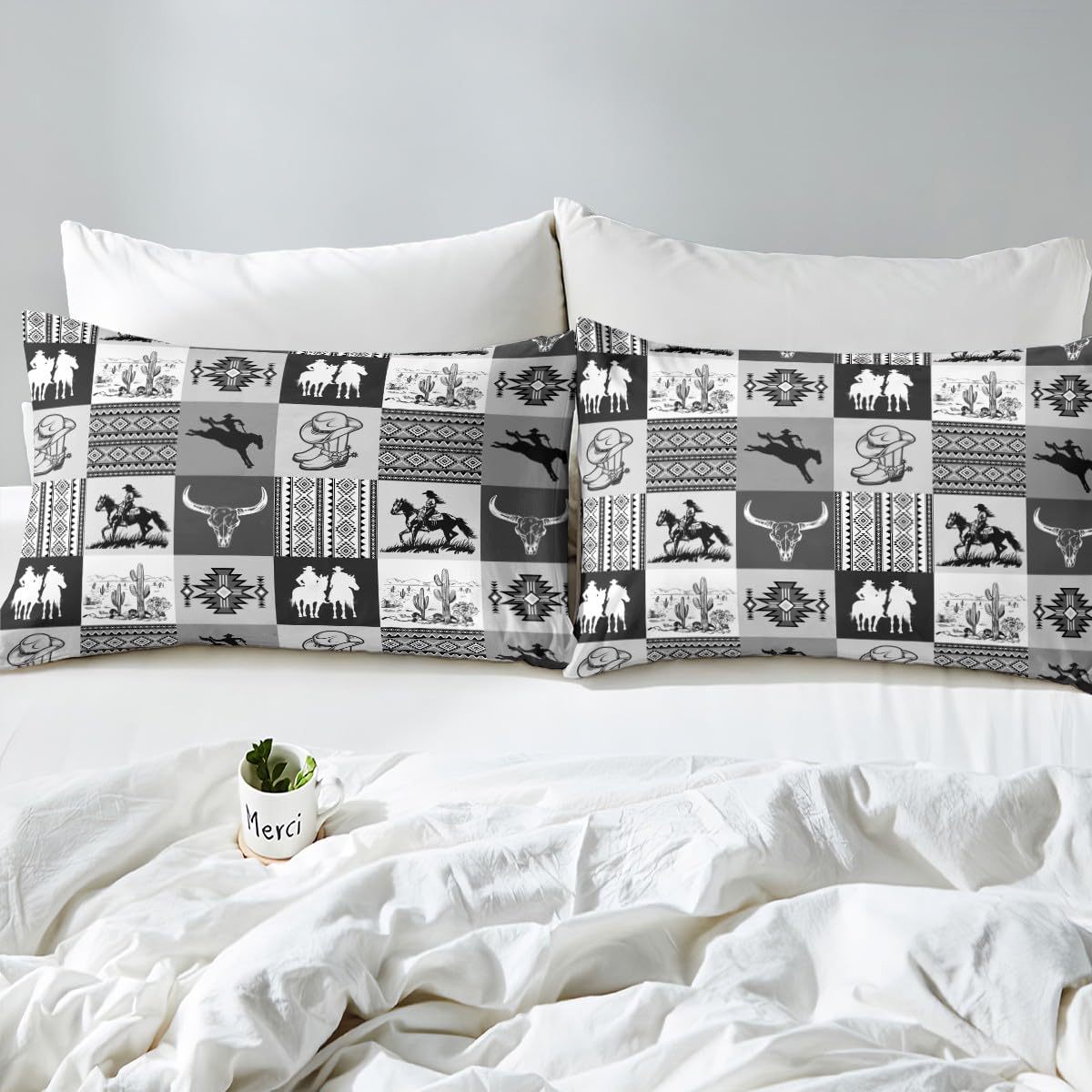 Southwestern Bedding Sets,Cowboy Duvet Cover Set 3Pcs for Boys Girls Adult Room Decor,Aztec Boho Tribal Striped Comforter Cover Bull Skull Cowboy Boots Print Black Grey Grid Quilt Cover King Size