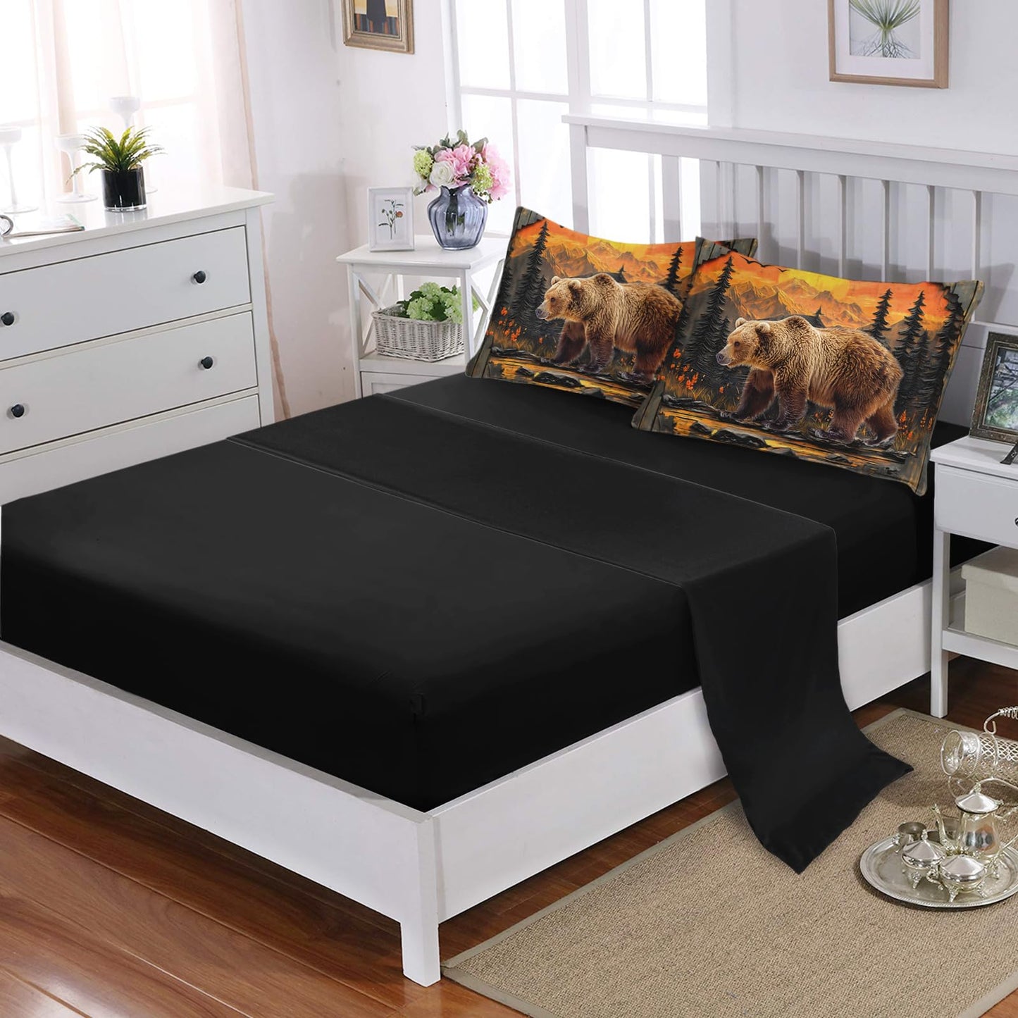 AILONEN Rustic Bear Bedding Queen Size 7-Piece Soft Bed in a Bag, Wildlife Hunting Comforter & Fitted Sheet & Flat Sheet & 2 Pillowcases,2 Pillow Shams for Bedroom Decor