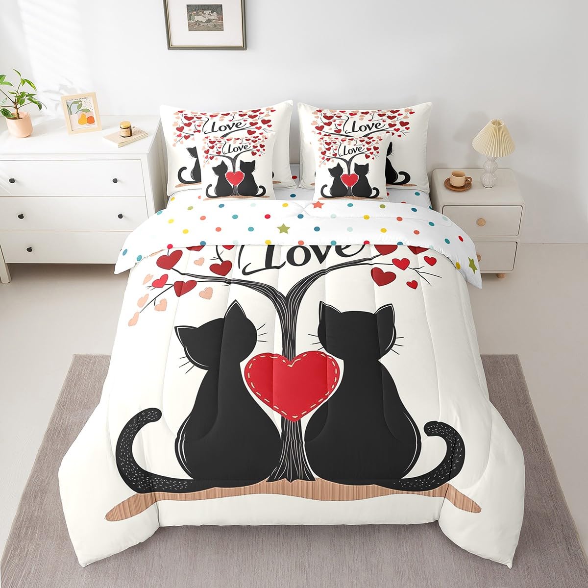 Erosebridal Black Cat Couple Queen Comforter Set with Sheets - Cute Romantic Valentine Day Red Love Bedding Sets 7 Piece Valentines Bed in a Bag Gifts for Kids Girls Boys Women Couples Room Decor