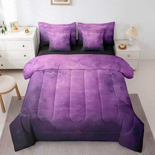 Erosebridal Purple and Black Abstract 7 Piece Full Size Comforter Set, Smoky Gradient Soft Bed in a Bag Bedding for Kids Girls Boys, Watercolor Art Aesthetic Fitted Sheets Set, Ombre Tie Dye Bed Set