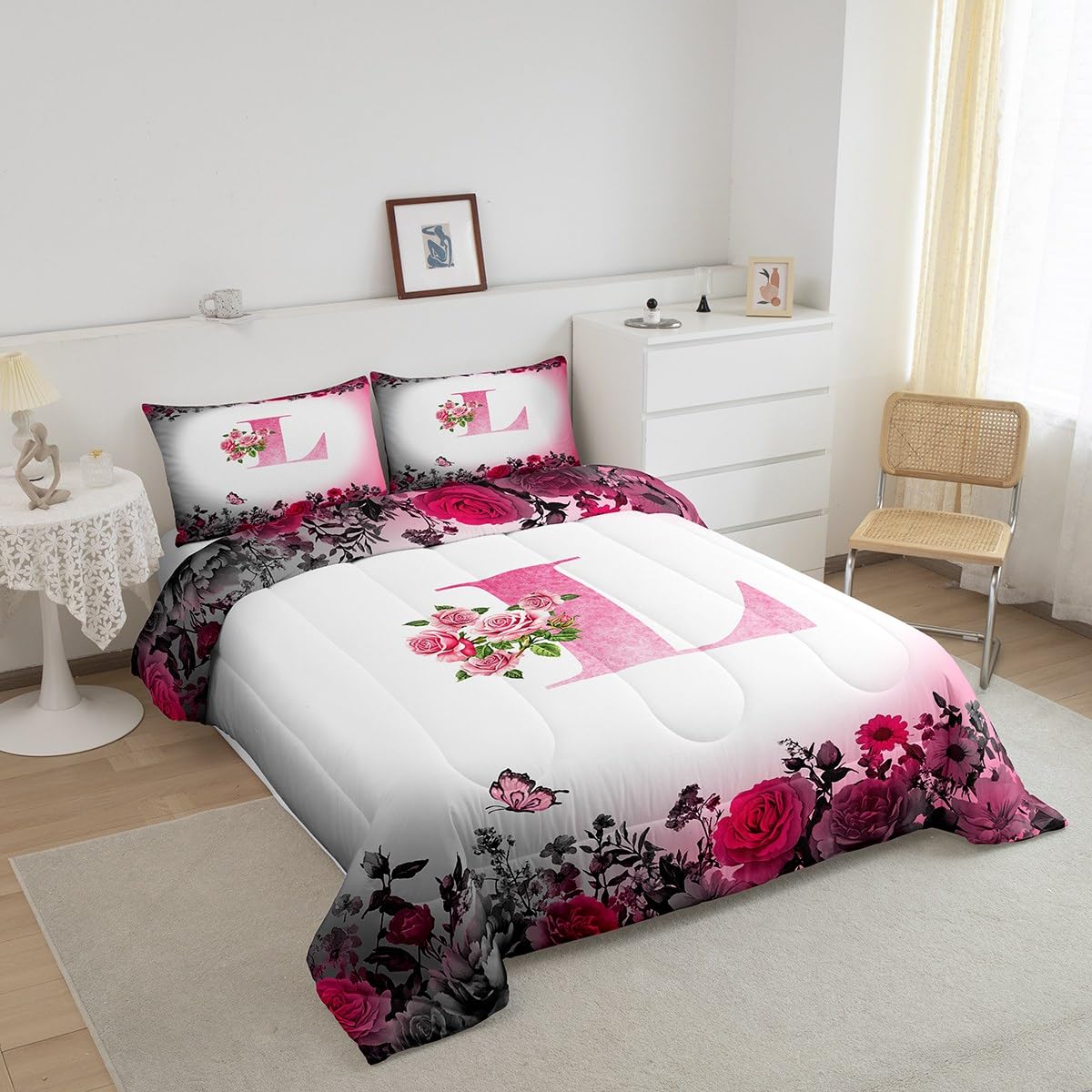 jejeloiu Letter Flowers Comforter Set Queen Size for Kids Teens Girls Woman Personalized Initial L Bedding Set Ultra Soft Monogrammed Duvet Quilt Black Pink Floral Rose Butterfly Duvet Modern Fashion