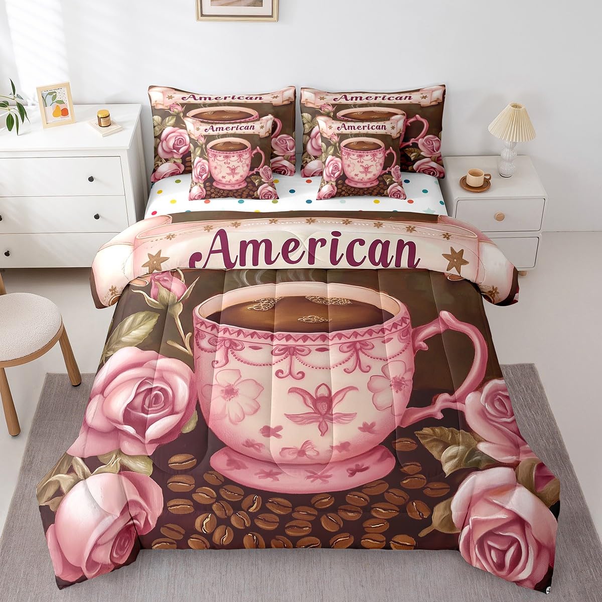 Erosebridal American Coffee Comforter Set Full Size,Oil Painting Rose Bedding Set for Kids Teens,Coffee Bean (Comforter+Fitted+Flat Sheet+2 Pillowcases+2 Throw Pillow Covers) 7 Pieces Bed Set