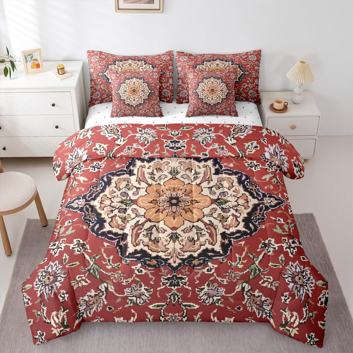 jejeloiu Retro Floral Boho Comforter Set with Sheets 7 Piece Twin Size Boho Bed in a Bag Kids Boys Girls Western Decor Bedding Set Bedroom Decor Breathable Soft Lightweight Microfiber