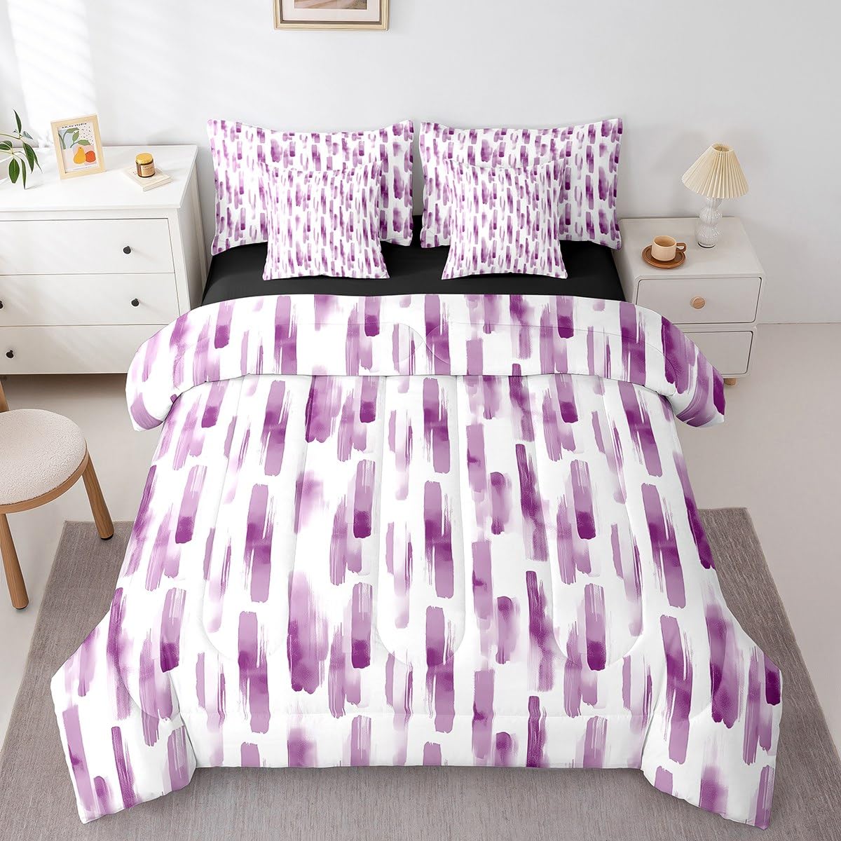 Erosebridal 7Pcs Purple Pink Striped Comforter Set King for Women Men,Modern Geometric Abstract Bedding,Gradient Art Aesthetic Bed in A Bag,Contemporary Boho Graffiti Quilt Set with Pillowcases