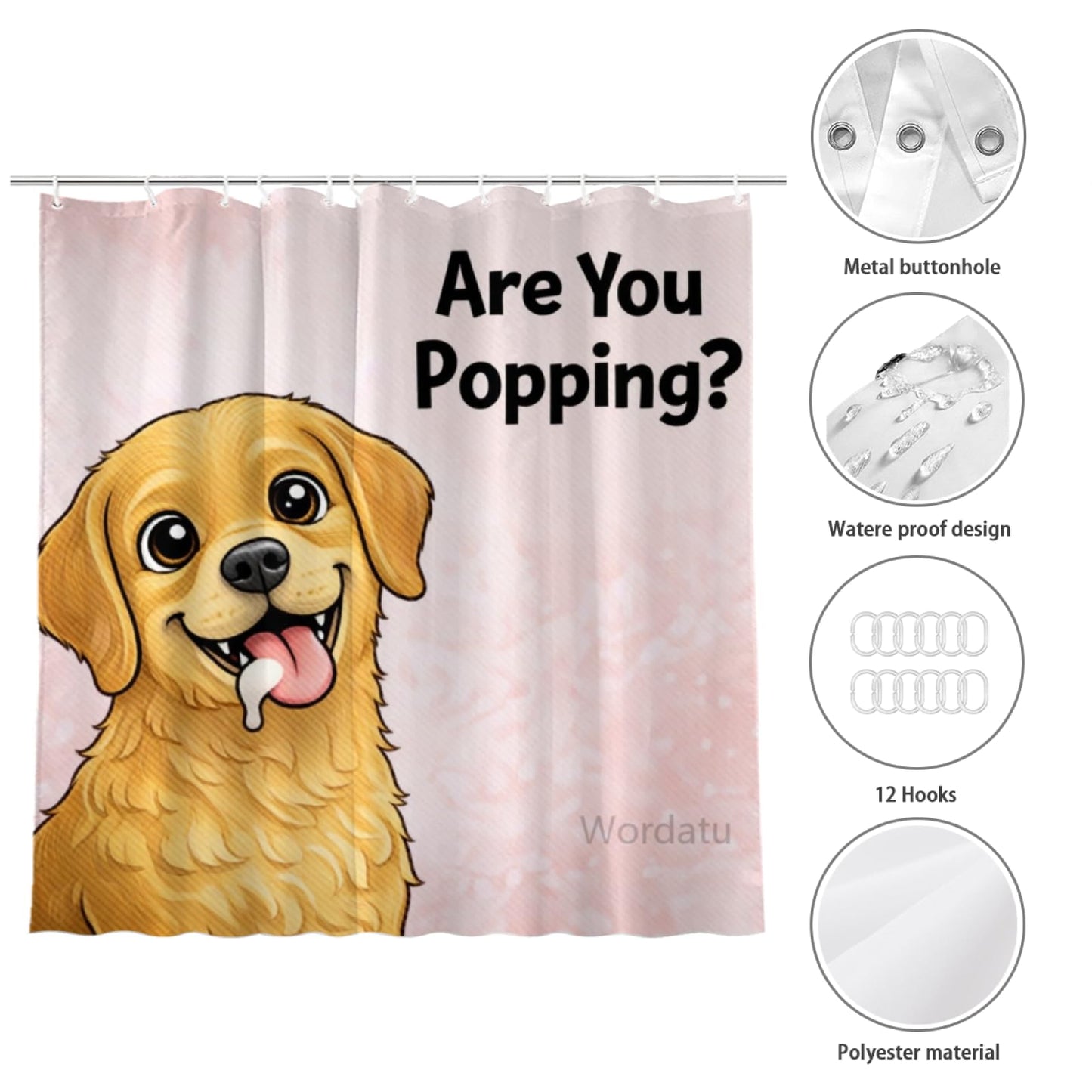Wordatu Funny Golden Retriever Shower Curtain 72x72 Inch Home Bathroom Decor are You Pooping Animal Bath Bathtub Set Waterproof Fabric with 12 Hooks(24753)