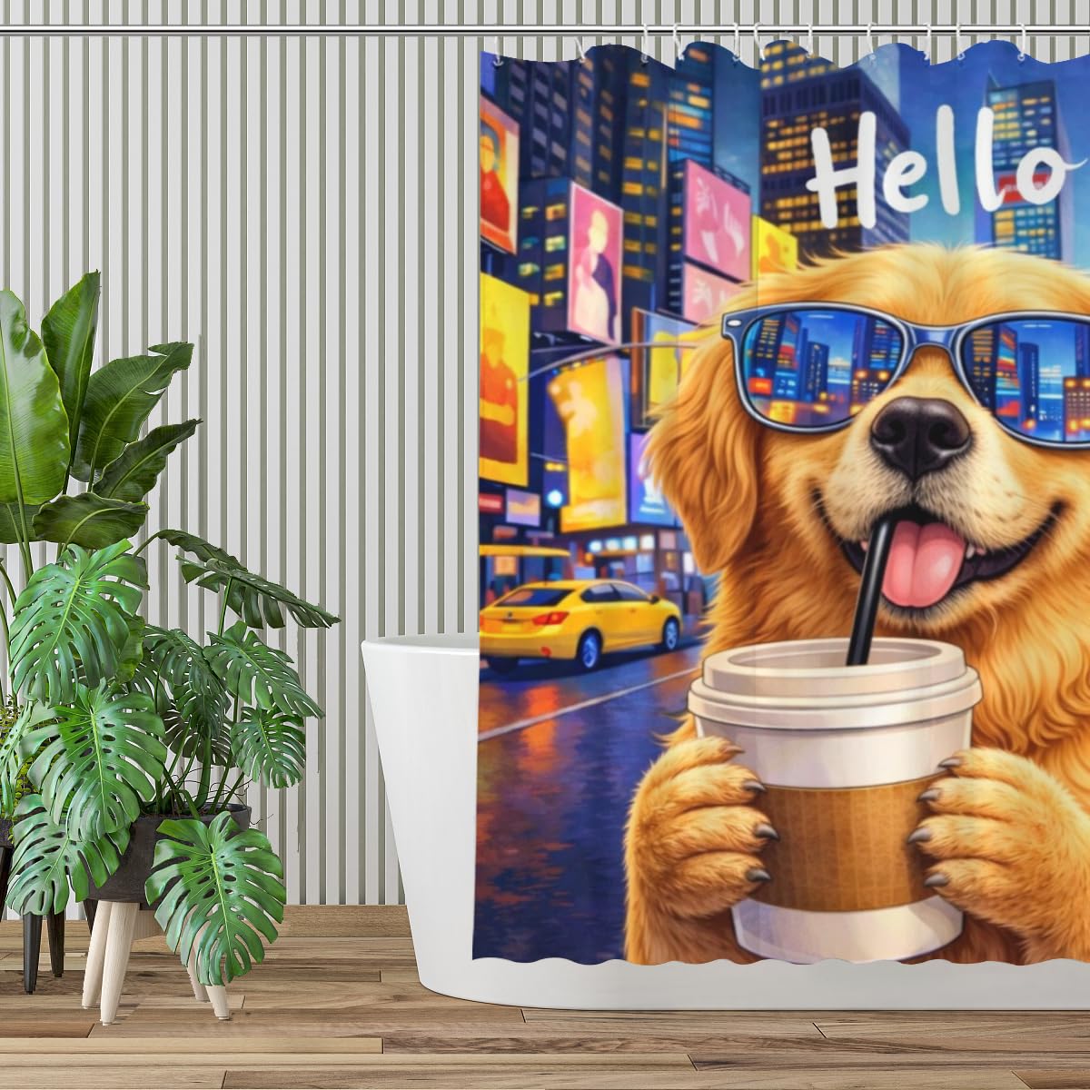 LFINKARTGOGO Golden Retriever City Shower Curtain 72x72 Inch with 12 Hooks Coffee Lover Bathroom Decor Urban Nightscape Waterproof Washable Polyester Bath Curtain