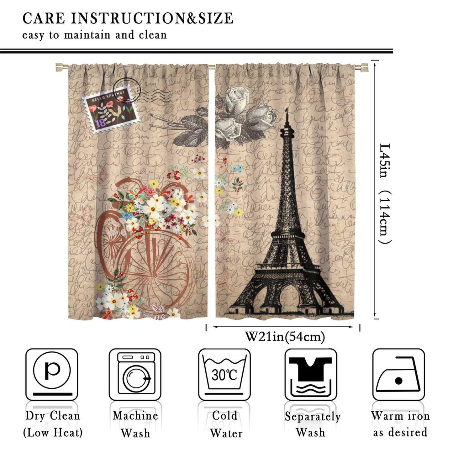 Vintage Paris Eiffel Tower Curtains - Rustic Romantic Rose French Paris Tower Old Bicycle Floral Window Curtain Room Darkening Blackout Thermal Insulated Rod Pocket Curtains 2 Panels 45"L x 21"W