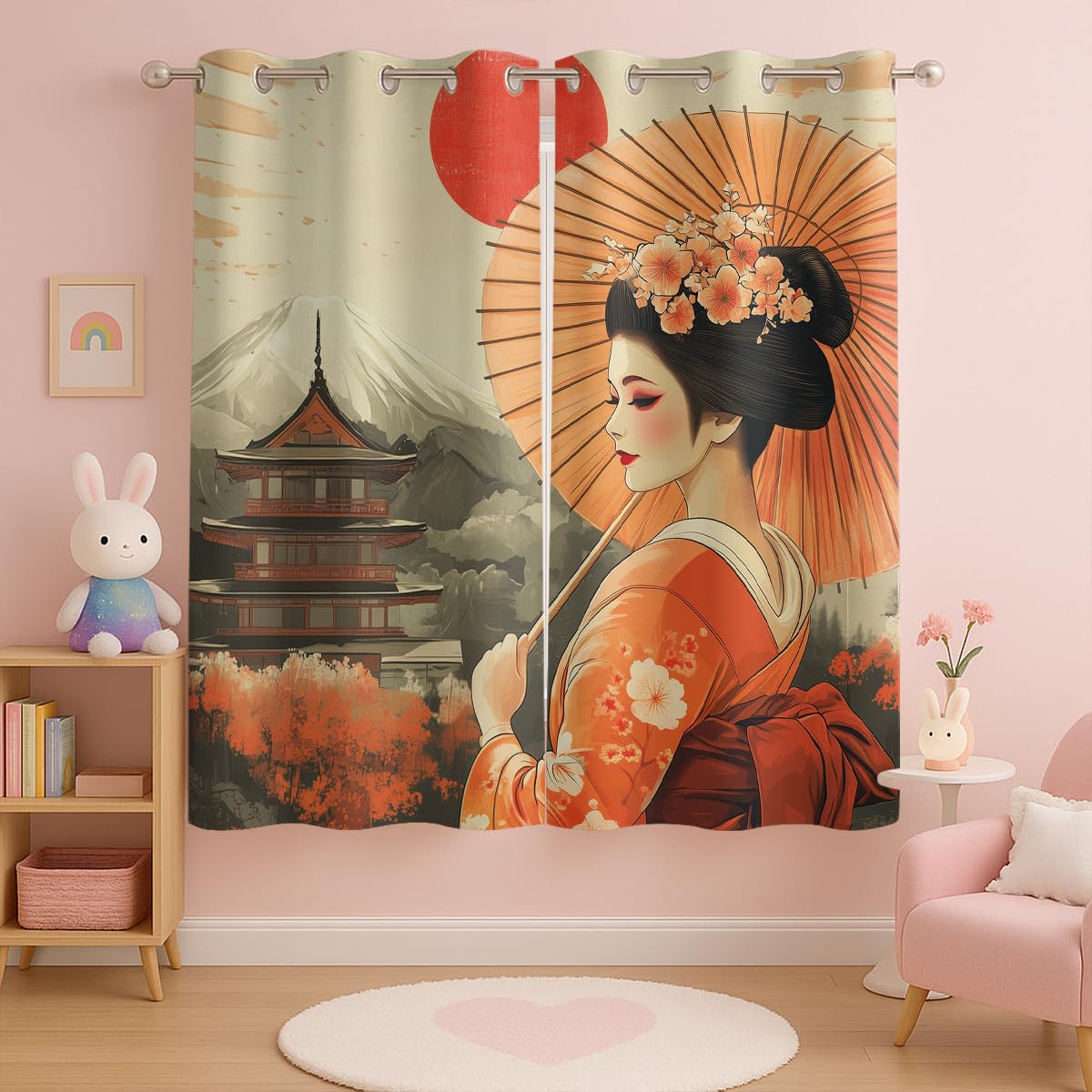 Czrouz Retro Geisha Curtain, Asian Japanese Style Women Sun Mount Fuji, Grommet Curtains for Vanity Corner or Compact Bedroom Window, 42 x 45 Inch, Thermal Insulated Darkening Drapes