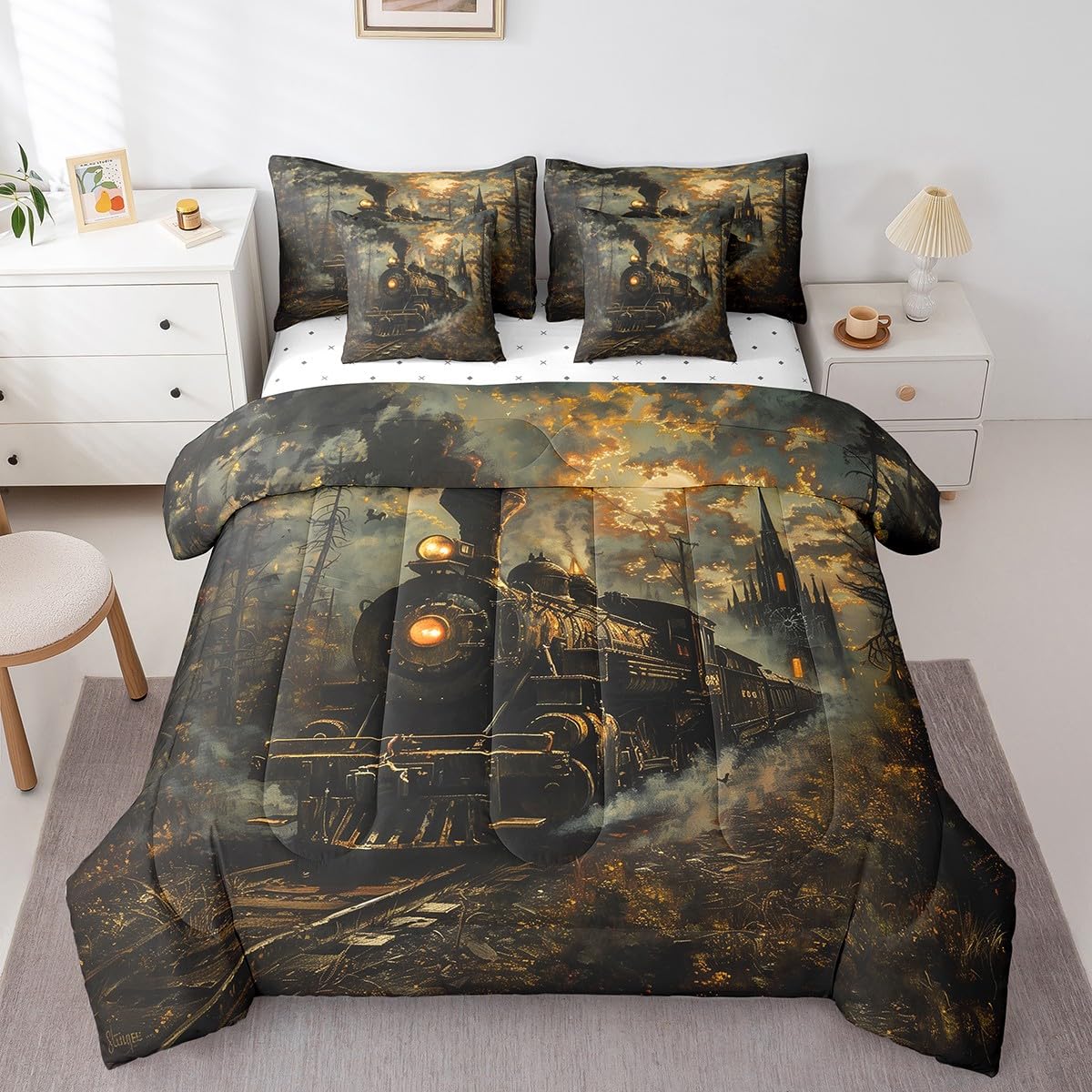 7 Pieces Twin Size Train Comforter Set,Retro Choochoo Steam Locomotive Train Bedding Set for Boys Girls,Gothic Bell Tower Castle (Comforter+Fitted+Flat Sheet+2 Pillowcases+2 Throw Pillow Covers)