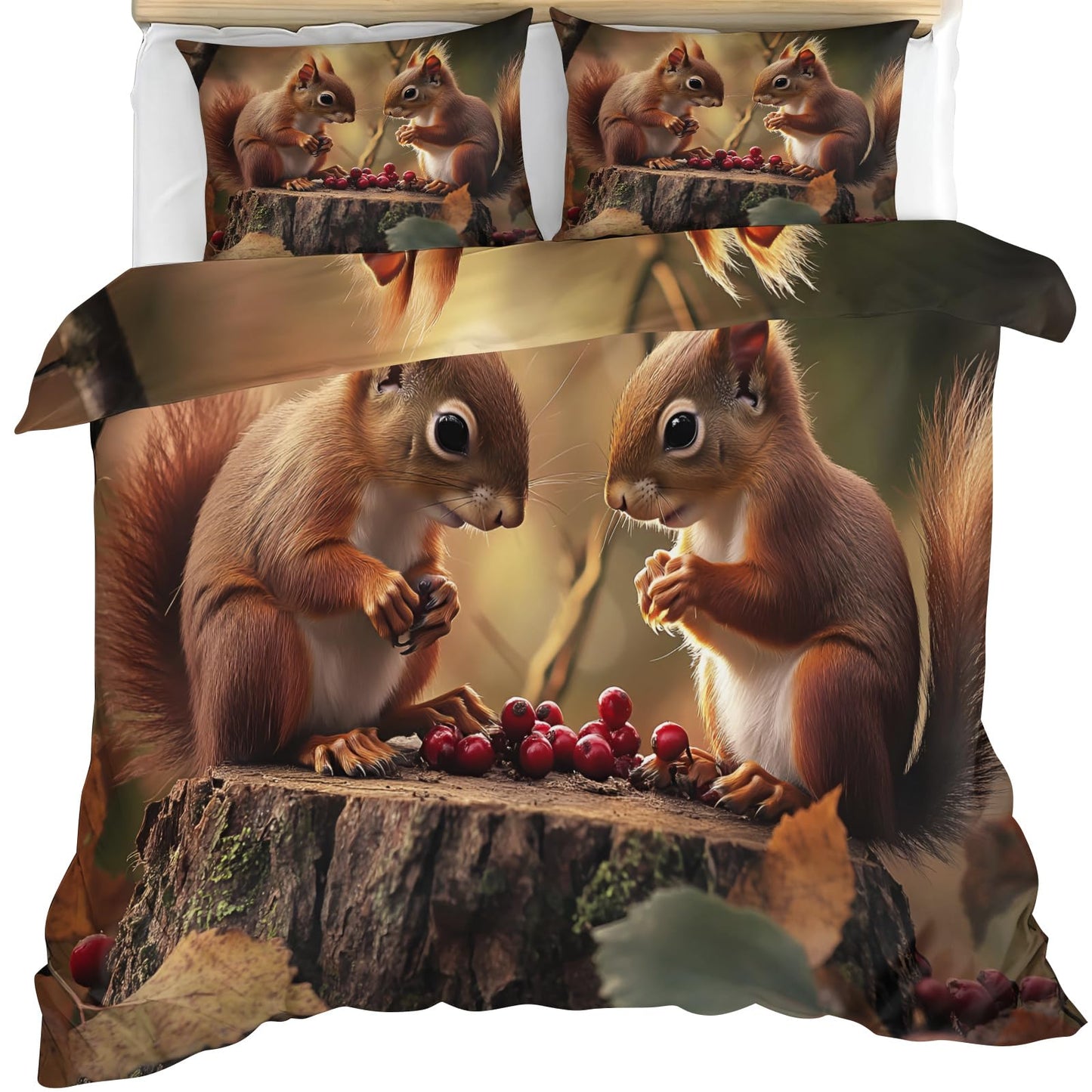 Squirrel Duvet Cover Twin Size, Squirrel Bedding Set 3 Piece, Animal Comforter Cover and 2 Pillow Sham with Zipper Closure 68" x86"