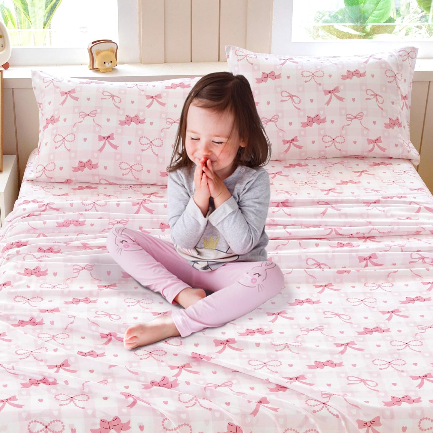 Homilay Full Sheet Set Kids - Pink Check 4 Pieces Soft Microfiber Cartoon Style Bedsheets for Boys Girls Teens, Oeko TEX Breathable 15 Inch Deep Pocket Sheets(Pink Bow)