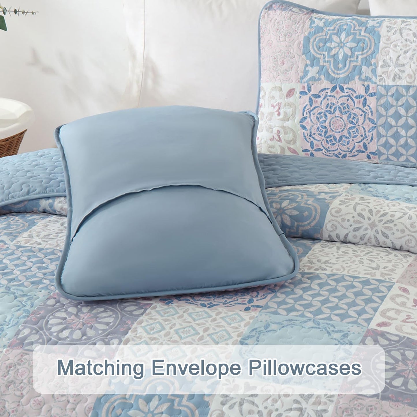 Dobuyly Quilt Set Queen Size, Light Blue/Pink Patchwork Bedspread 3 Pieces, Boho Plaid Summer Coverlet Set, Soft Lightweight Quilt Bedding Set for All Seasons 96"x90"