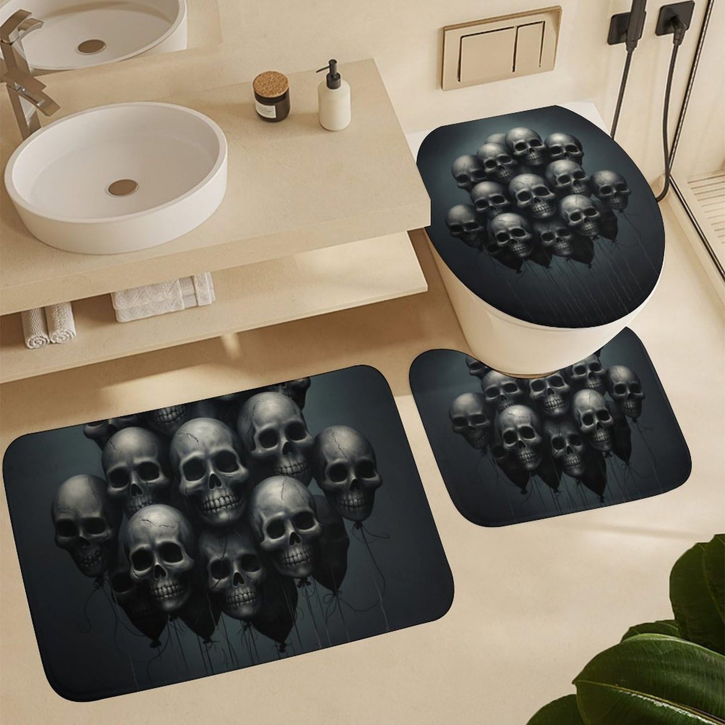 FOCCAFB 4Pcs Rustic Fantasy Skull Bathroom Sets with Shower Curtain Rugs Mats Black Skeleton Balloon Landscape Bathroom Decorations Sets with Non Slip Rugs Toilet Lid Cover Bath Mat, Style-2