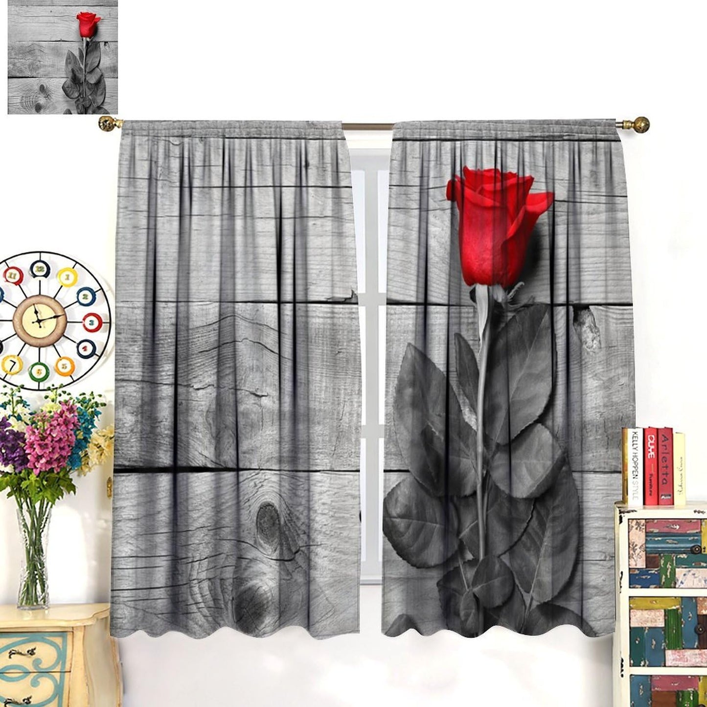 GoDazzling Red Rose Wooden Floral Curtains, Farmhouse Rustic Flower Black Red Rod Pocket Window Drapes, for Bedroom Living Room. 41" W X 45" L (No Blackout)