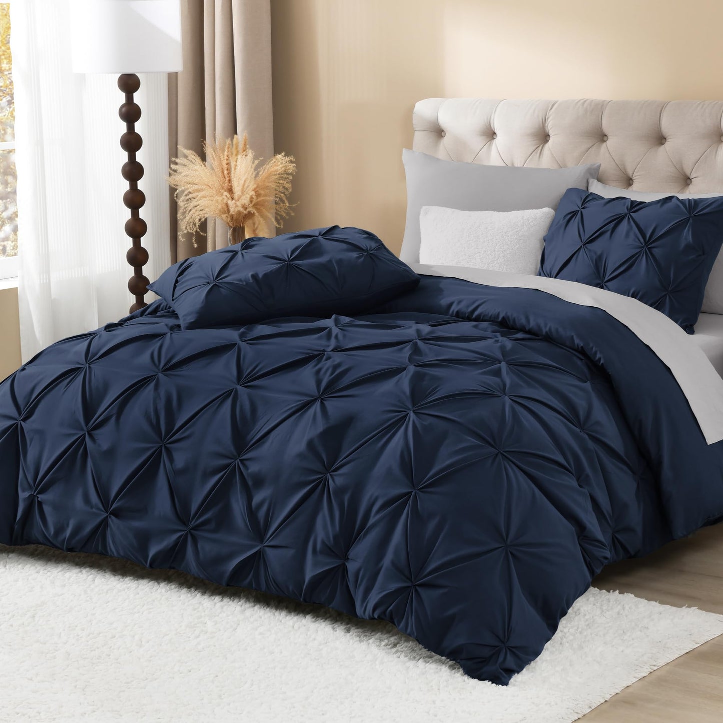 Litanika Navy Blue Pinch Pleat Duvet Cover Queen, 3 Pieces Pintuck Cover Soft Polyester Bedding Set with Zipper Closure & Corner Ties(90x90Inch-1 Duvet Cover, 2 Pillowcases)