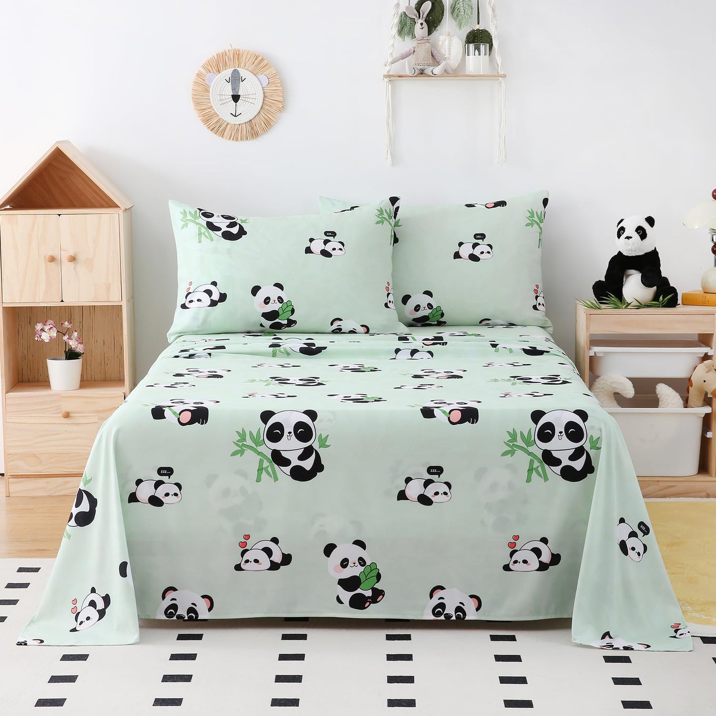 Yibeizi Twin Sheets Set Kids, Sage Green Panda Pattern Microfiber Single Bed Sheets, Cute Soft Oeko-Tex Extra Deep Pocket Sheets & Pillowcases Cooling Hypoallergenic Wrinkle Free Bedsheets